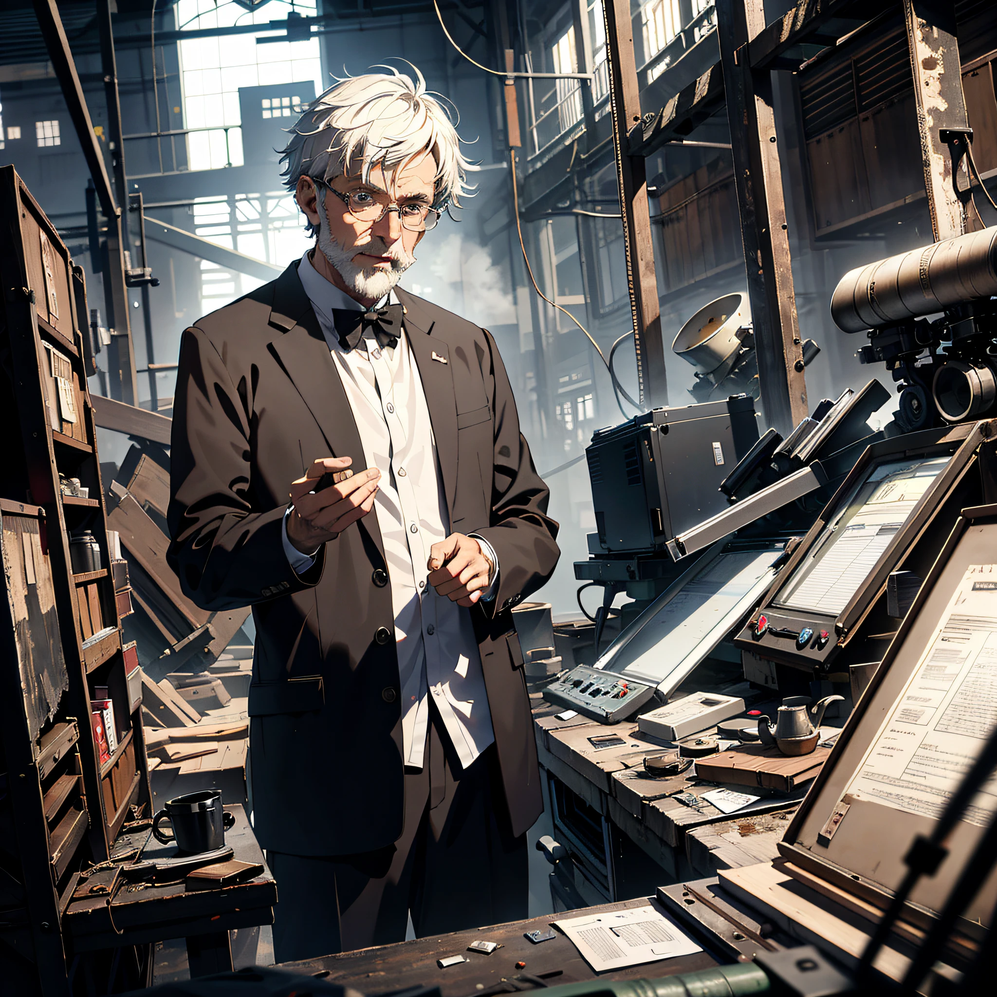Absurd resolution, high resolution, (masterpiece: 1.4), hyper-detail, inside an abandoned factory, high-tech workbench, tech-sense screen, technological robotic arm, an old man with short white hair dressed as a scientist (1.3), a shocked and surprised expression, open his mouth