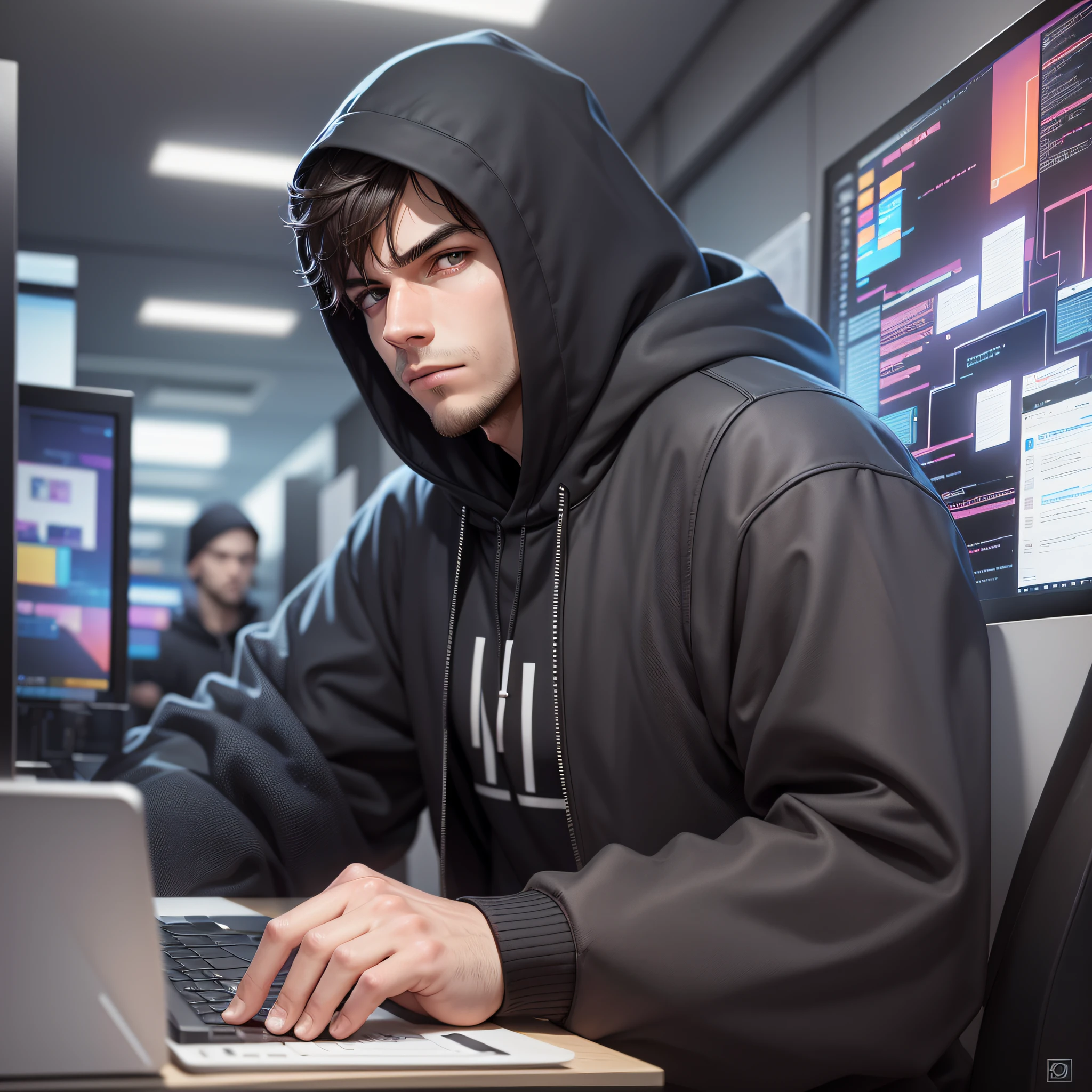 male, focus on face, hacker, with smart expression, copying art from others, black hood, office background, with a computer, detailed background --auto --s2