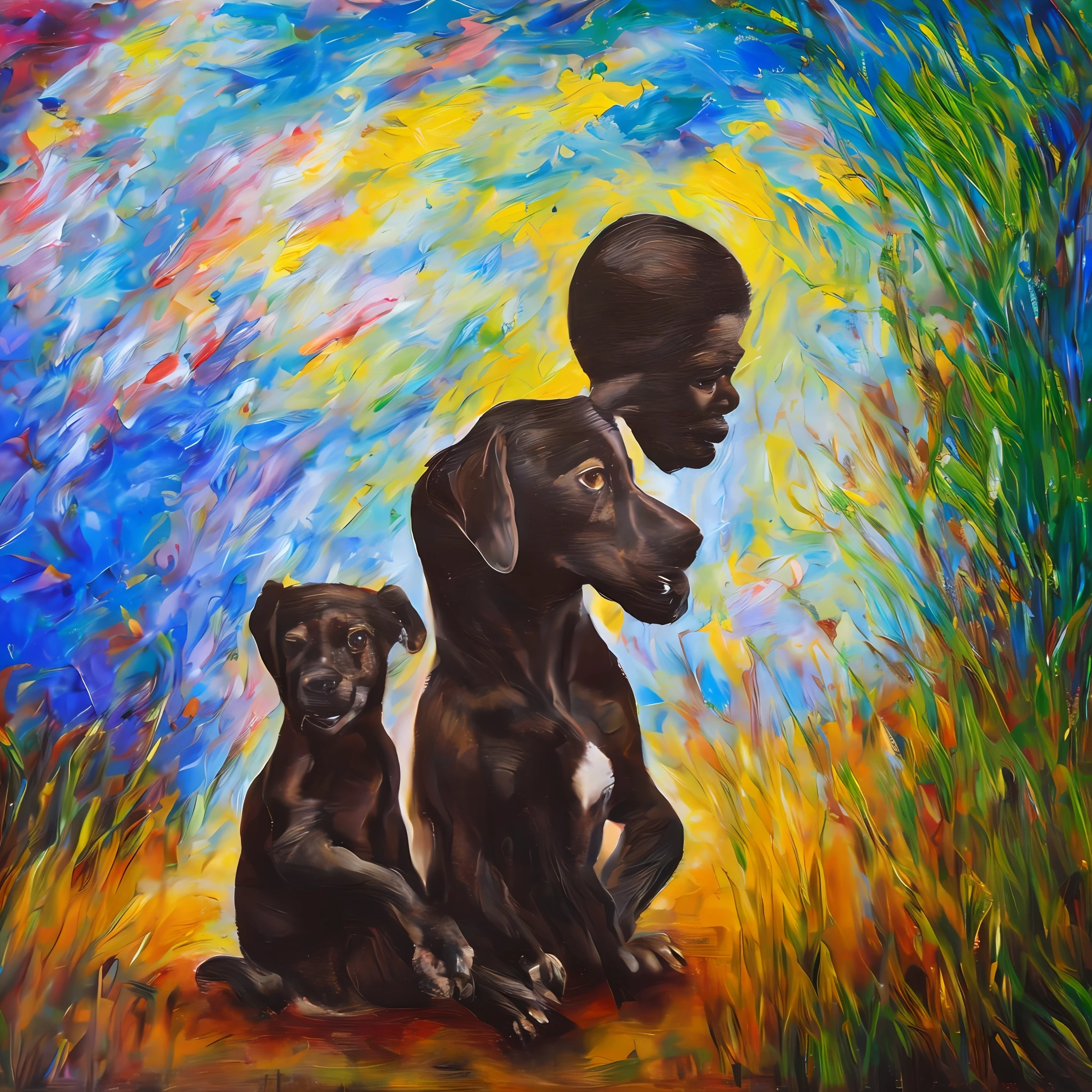 Oil painting, malnourished child, vibrant African colors, malnourished dog by your side, Dramatic scene, impactful, moving, 4k picture quality, 4,252×4,252 pixels