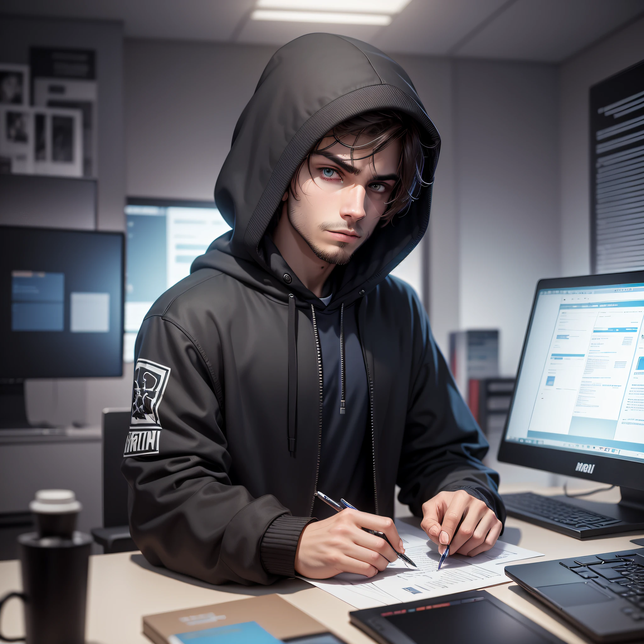 male, focus on face, hacker, with smart expression, copying art from others, black hood, office background, with a computer, detailed background --auto --s2
