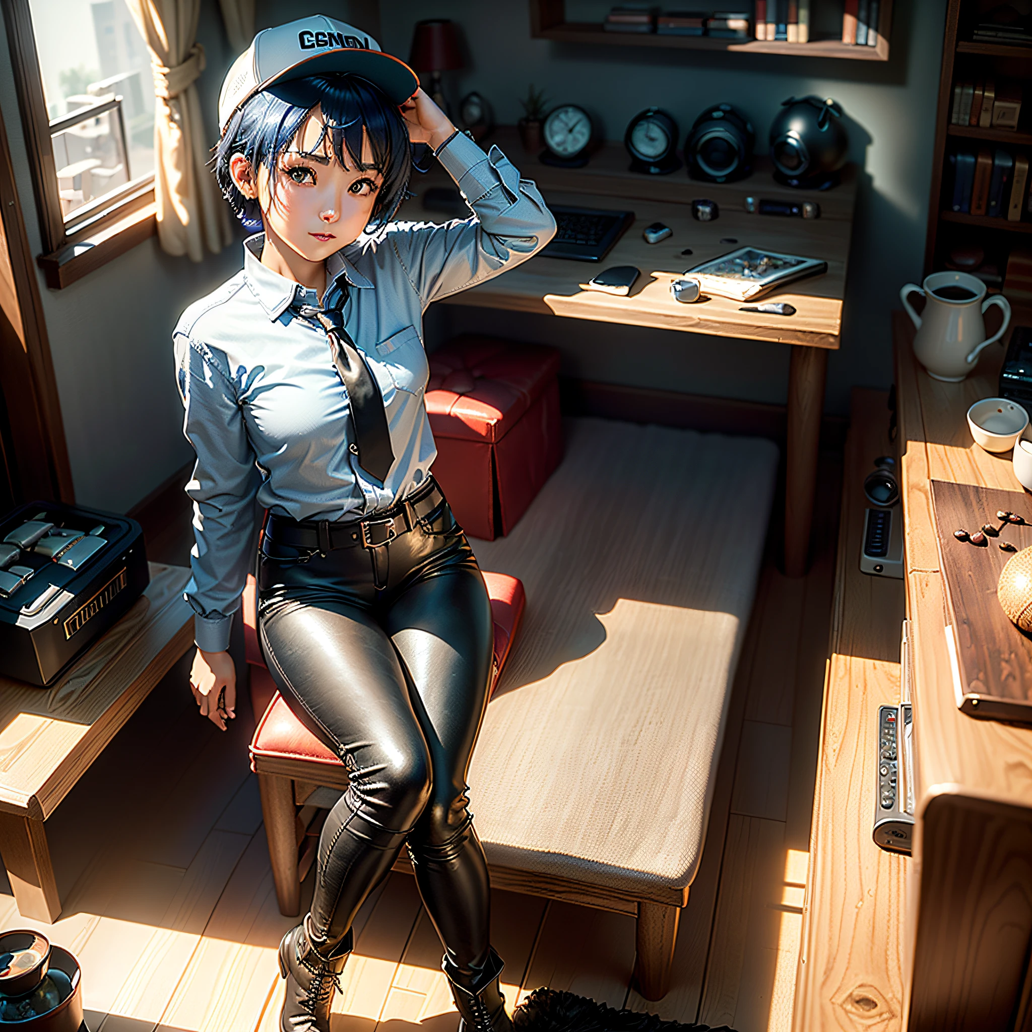 (masterpiece, highest quality, highest resolution, distinct_image, very elaborate CG, cinematic lighting, ray tracing, drop shadows, detailed detail, (photorealistic: 1.4), high quality textures, fine-grained, realistic face expression): (lone girl, face is Japan, short blue hair, small size breasts, sparkling eyes, Eye level shot, light smile, beauty, slim body, holiday, bedroom, console game, computer, leather pants, long boots, collared shirt, radio, coffee, model train, bookshelf, chair, pot, fan, painting, stuffed animal, tie, baseball cap)