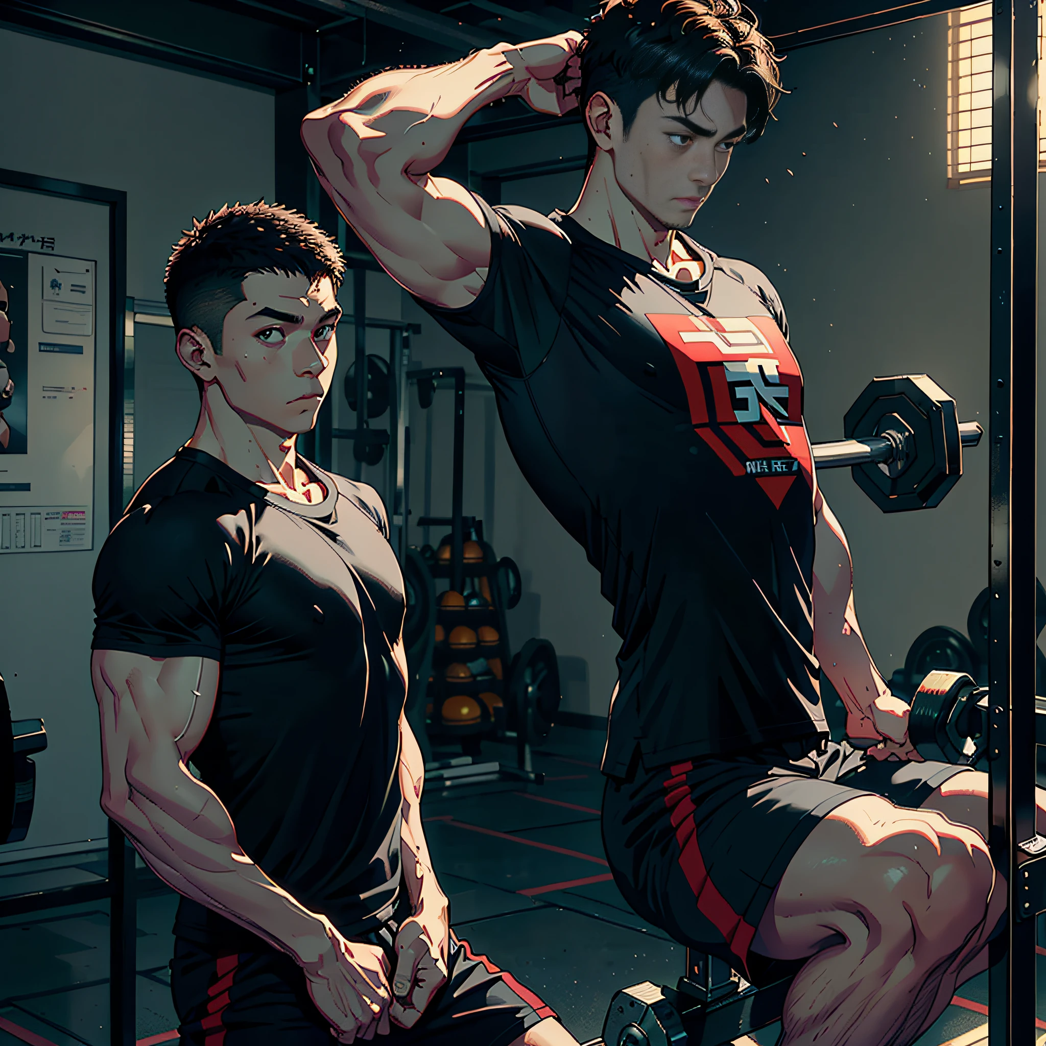 Masterpiece, Best Quality, 8K, Photographic Reality, Realistic, Octane Rendering, Upper Body Display, Japanese Gym, (Picture Only Shows One Man: 1.4), Fitness Trainer, (Upper Body Wearing Sports T-Shirt: 1.2), Background with a lot of people exercising