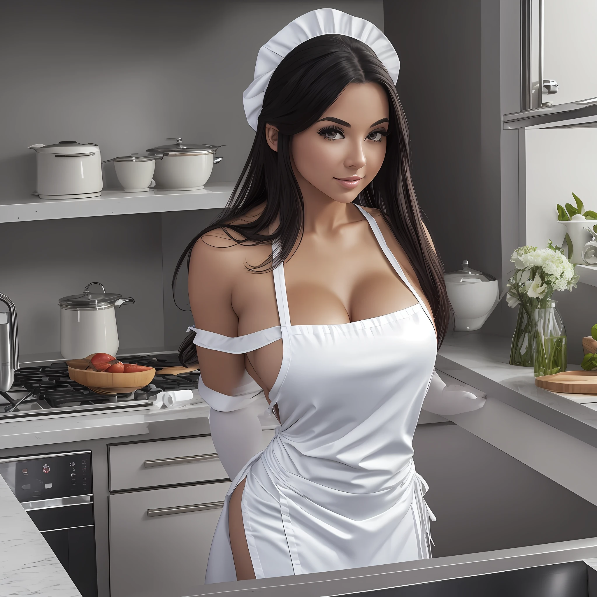 close-up of a woman in a white apron posing for a photo, sexy apron, in the kitchen, sexy body, sexy girl better known as amurant, sexy hot body, angelwhite, amurant, beautiful maid, fat, perfect body, in the kitchen, sexy image, cooking, amurant young beauty, petite, american woman. --auto --s2