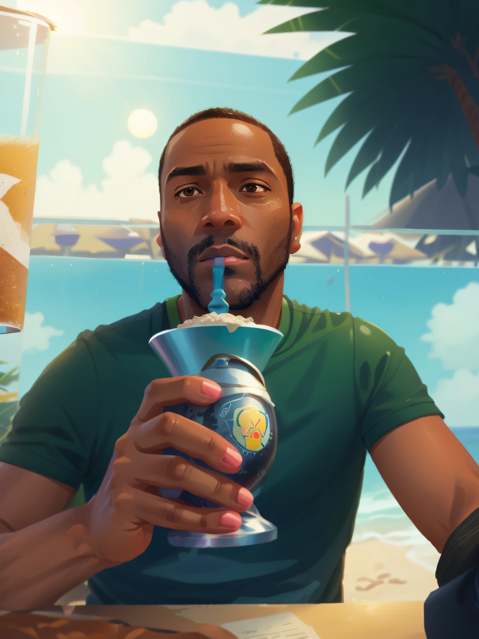 There's a black man, without a beard, sitting at a table drinking chimarrão in realistic anime style, with a beach background