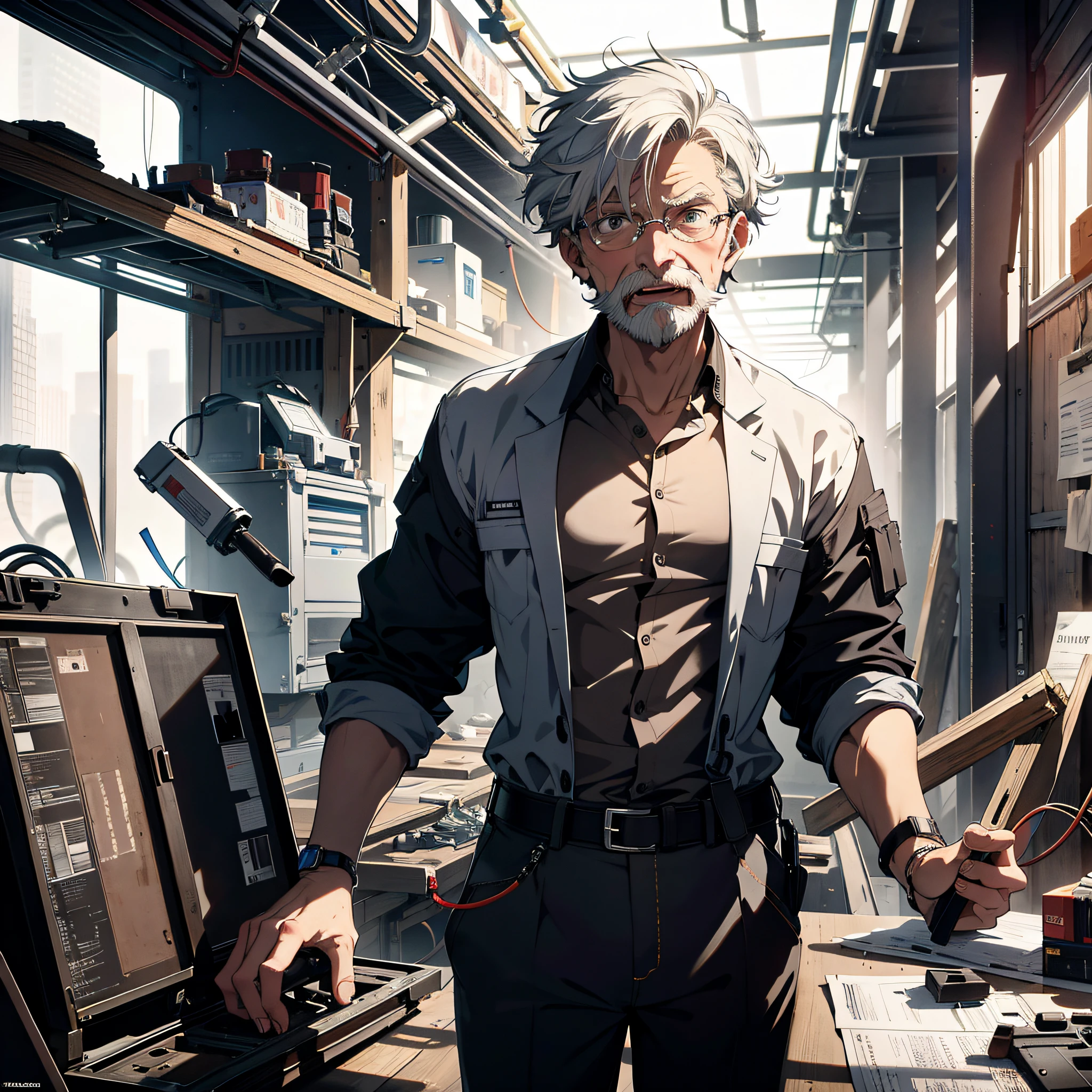 Absurd resolution, high resolution, (masterpiece: 1.4), hyper-detail, inside an abandoned factory, high-tech workbench, tech-sense screen, technological robotic arm, an old man with short white hair dressed as a scientist (1.3), a shocked and surprised expression, open his mouth