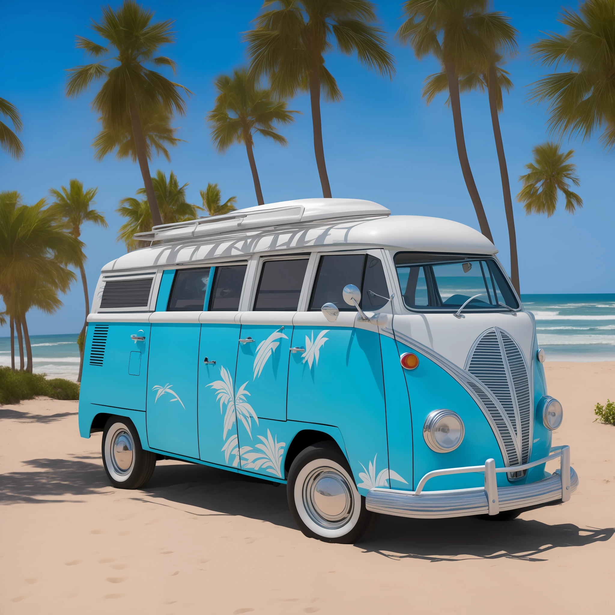 Wagen van is driving on the beach, the car is mainly painted by I Left My Heart in San Francisco, on the side of the wagen van is pop art in the style of ligneclaire, palm trees, airplanes, beach umbrellas and deck chairs and tables placed on the seaside are painted in white, delicate details, intricate background, delicate design, high image quality, high quality, high resolution, 8K, Masterpiece