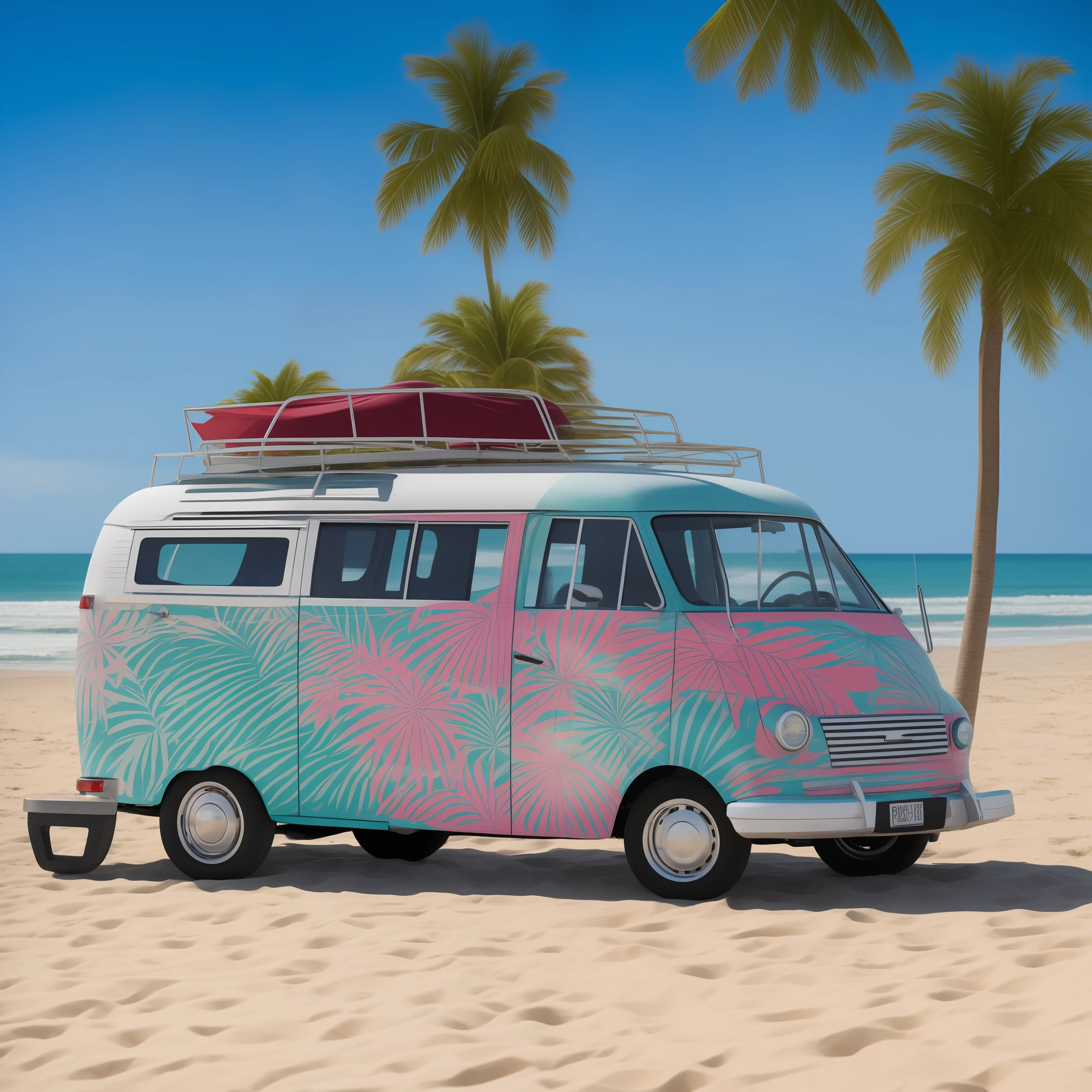 Wagen van is driving on the beach, the car is mainly painted by I Left My Heart in San Francisco, on the side of the wagen van is pop art in the style of ligneclaire, palm trees, airplanes, beach umbrellas and deck chairs and tables placed on the seaside are painted in white, delicate details, intricate background, delicate design, high image quality, high quality, high resolution, 8K, Masterpiece