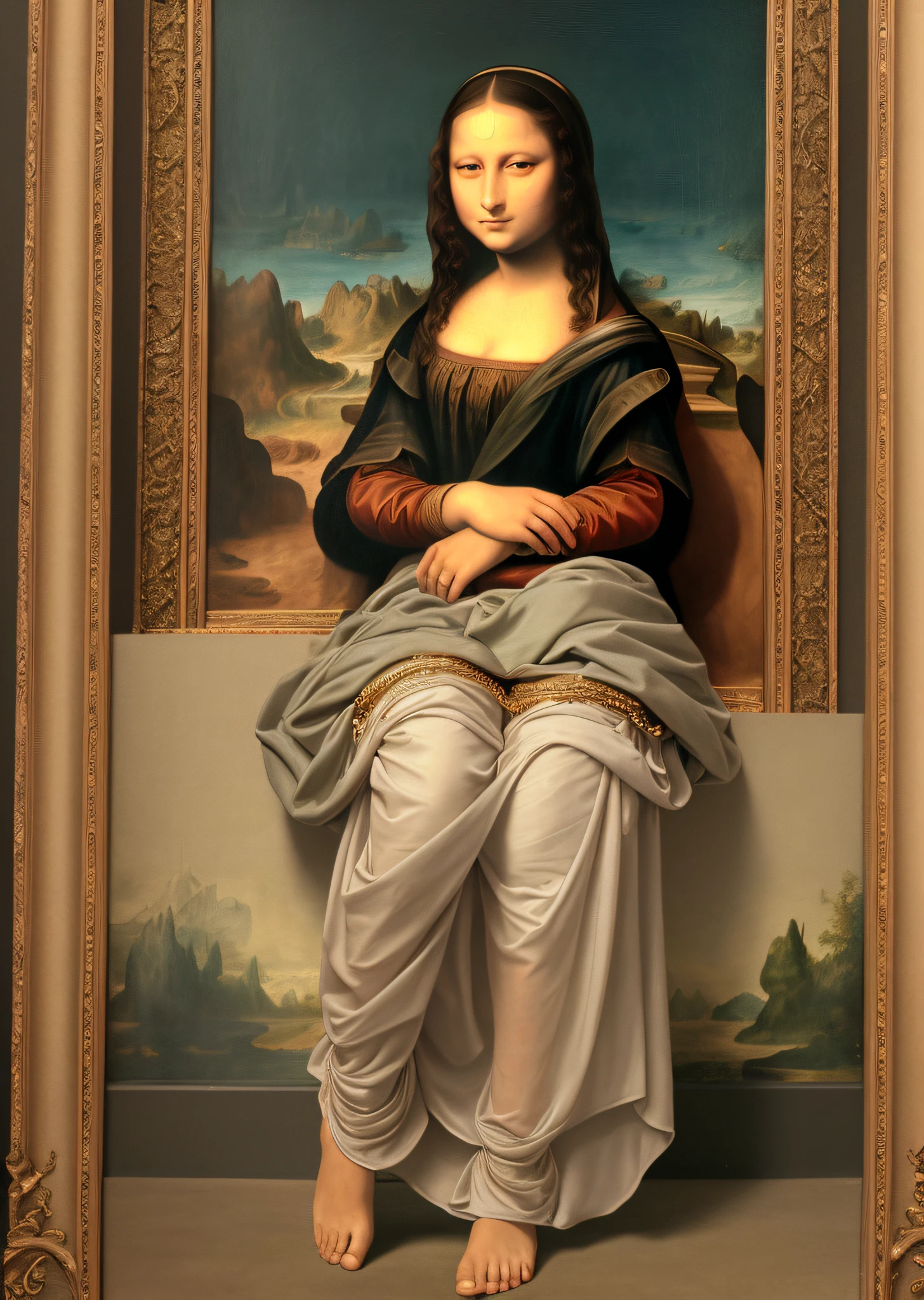 Mona Lisa dressed in fashion, gentle expression, full body portrait, barefoot catwalk, masterpiece, highest quality, high quality, highly detailed CG unit 8k wallpaper, award winning photo, bokeh, depth of field, HDR, flood, chromatic aberration, realistic, very detailed, art station trend, CGsociety trend, complex, high detail, dramatic, midway art, volumetric lighting
