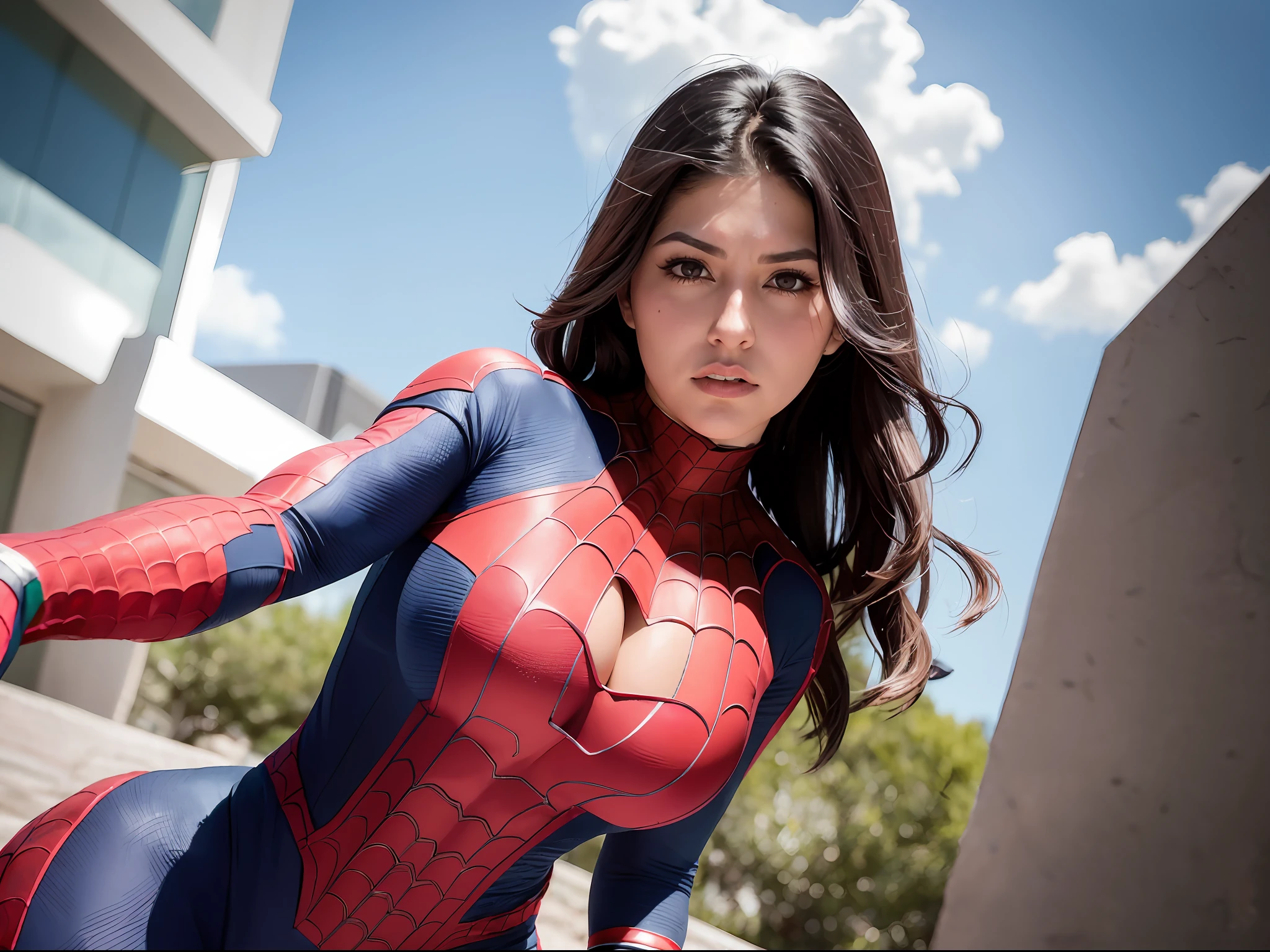 "An intricately-detailed depiction of a mexican woman in a Spider-Man cosplay outfit, showcasing her defined body and medium breasts in the cleavage area, complete with an action-packed pose and a dynamic angle."