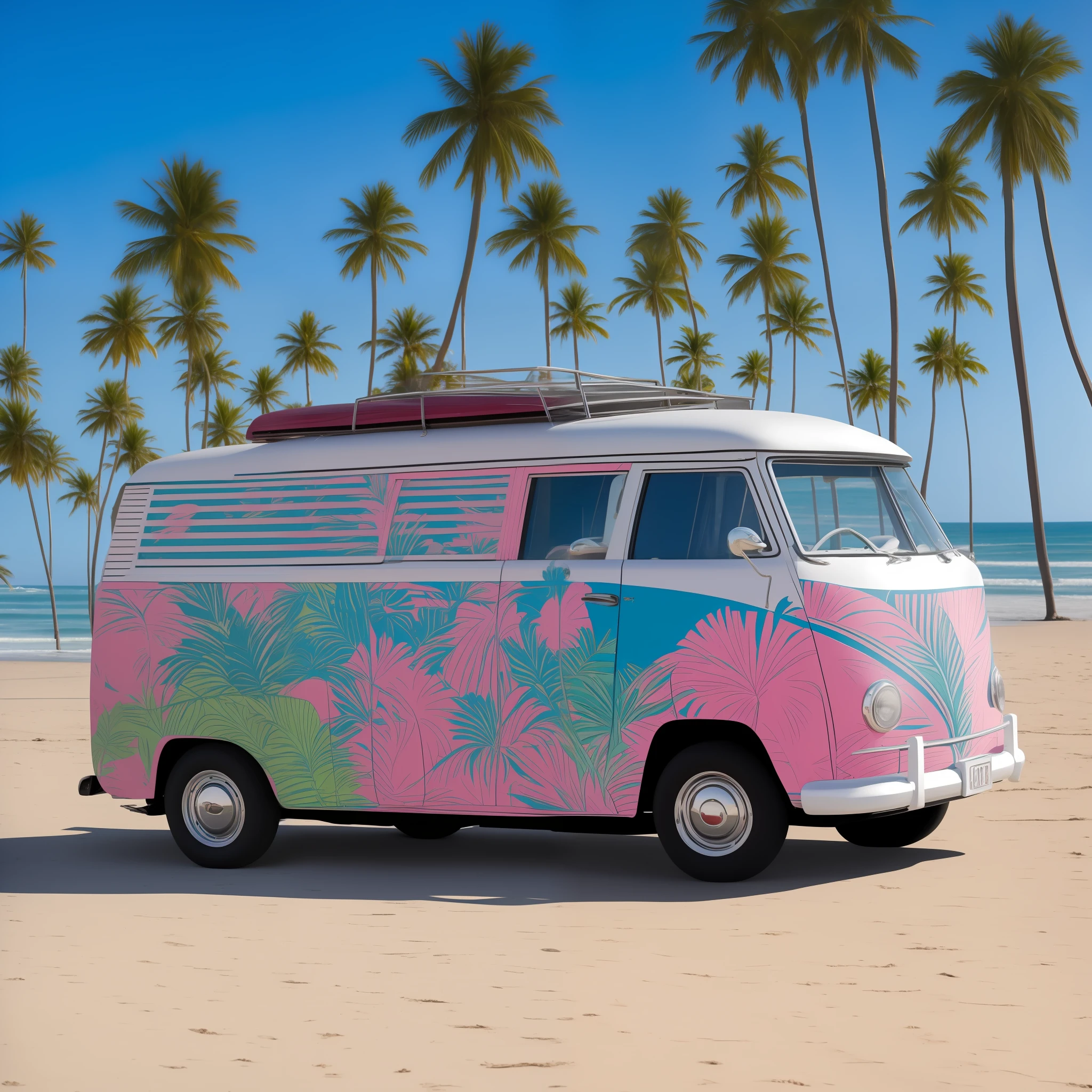 Wagen van is driving on the beach, the car is mainly painted by I Left My Heart in San Francisco, on the side of the wagen van is pop art in the style of ligneclaire, palm trees, airplanes, beach umbrellas and deck chairs and tables placed on the seaside are painted in white, delicate details, intricate background, delicate design, high image quality, high quality, high resolution, 8K, Masterpiece