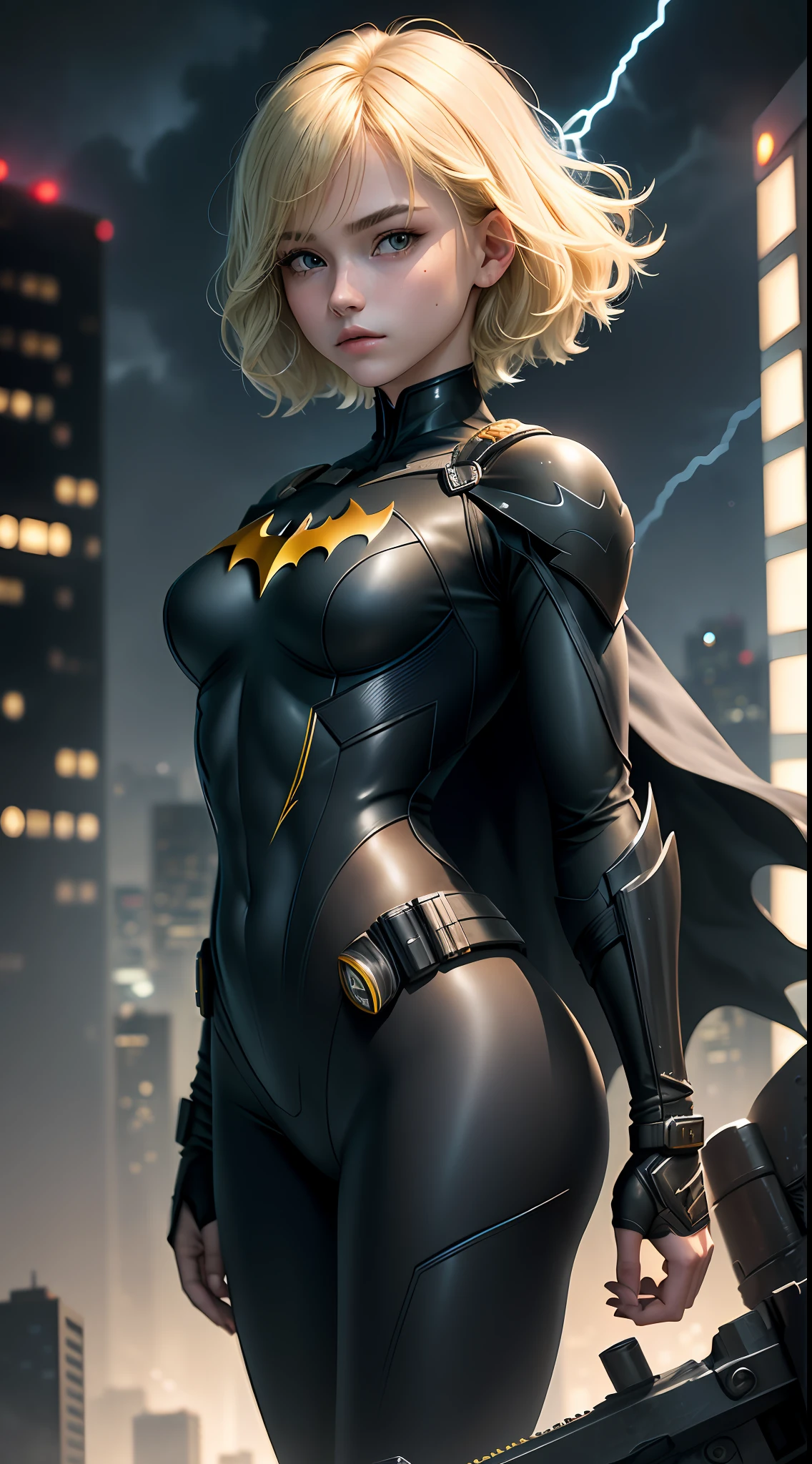 18-year-old girl, upper body, close-up, Batman suit, long pants, ((((short hair))), blonde hair, floating hair, beautiful face, lightning, city in the dark, masterpiece, exquisite details, perfect anatomy