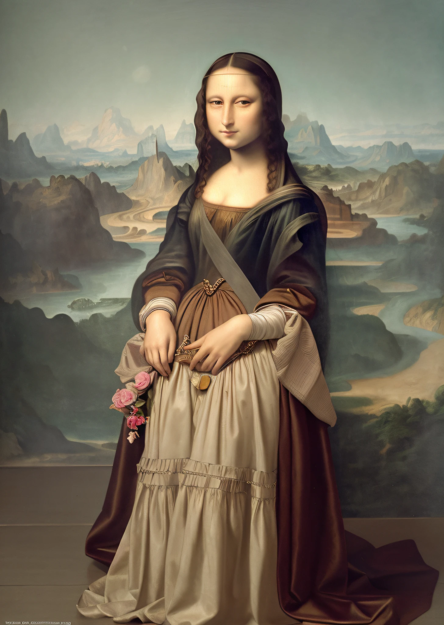 Mona Lisa dressed in fashion, gentle expression, full body portrait, barefoot catwalk, masterpiece, highest quality, high quality, highly detailed CG unit 8k wallpaper, award winning photo, bokeh, depth of field, HDR, flood, chromatic aberration, realistic, very detailed, art station trend, CGsociety trend, complex, high detail, dramatic, midway art, volumetric lighting