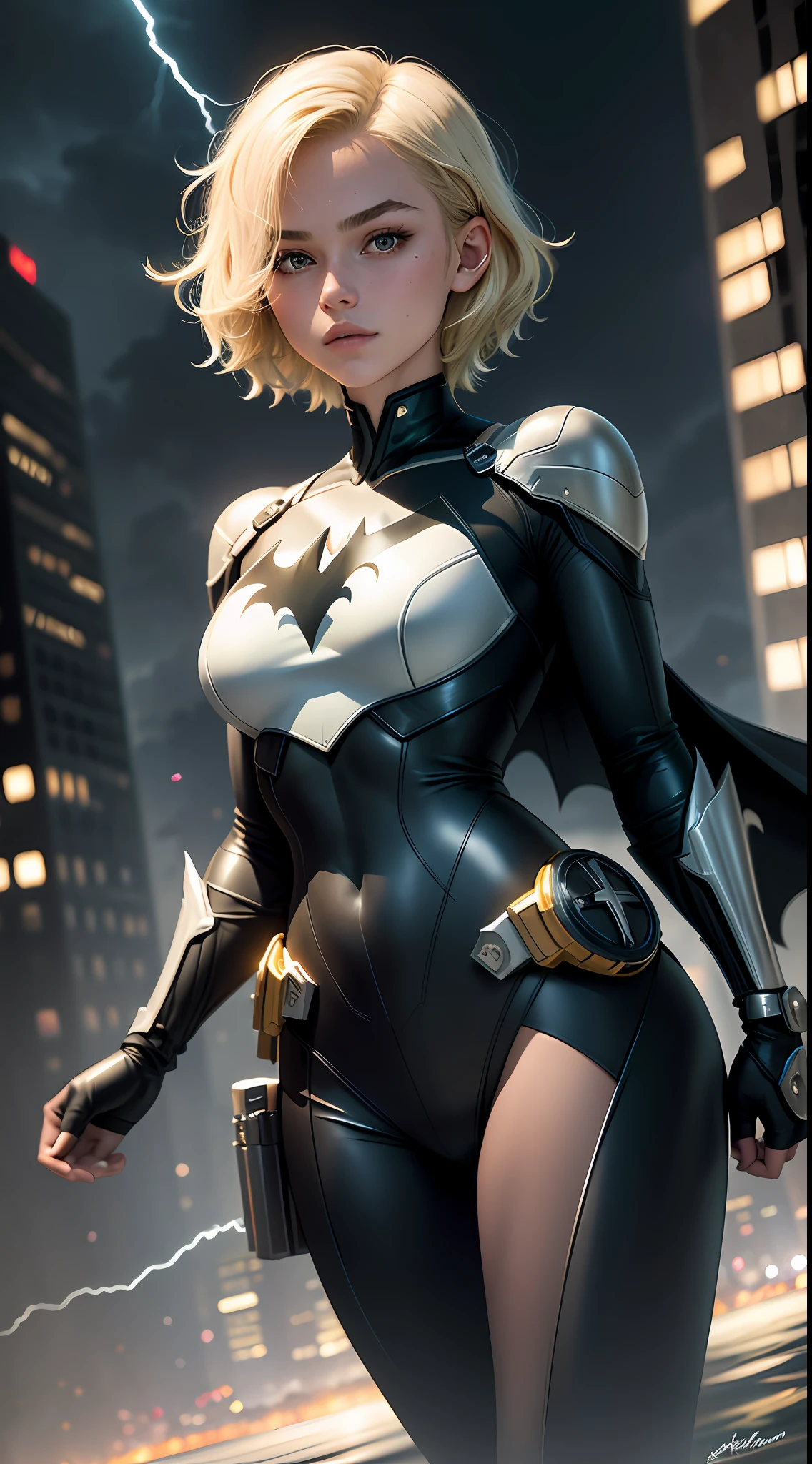 18-year-old girl, upper body, close-up, Batman suit, long pants, ((((short hair))), blonde hair, floating hair, beautiful face, lightning, city in the dark, masterpiece, exquisite details, perfect anatomy