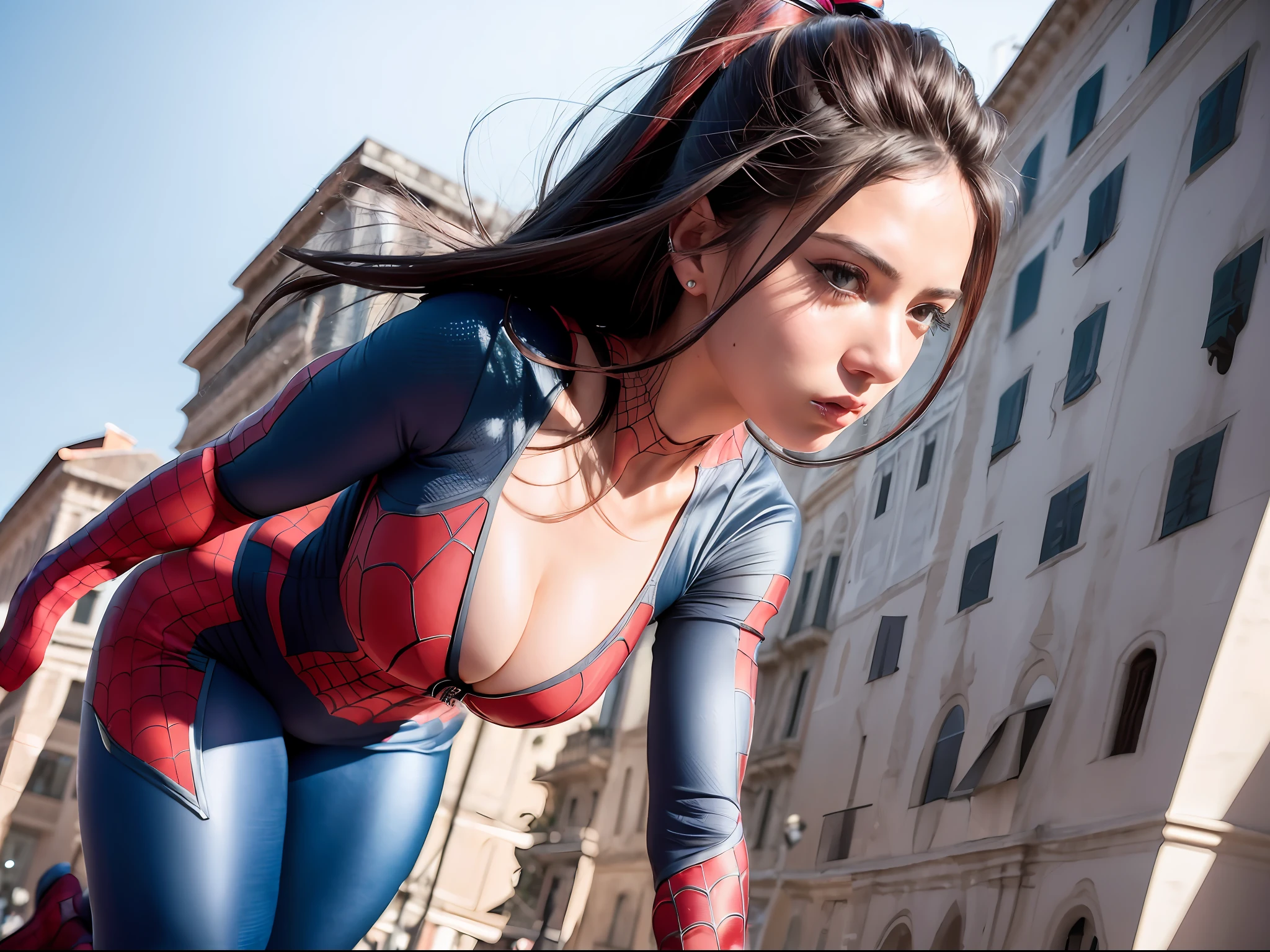 "An intricately-detailed depiction of a italian woman in a Spider-Man cosplay outfit, showcasing her defined body and medium breasts in the cleavage area, complete with an action-packed pose and a dynamic angle."
