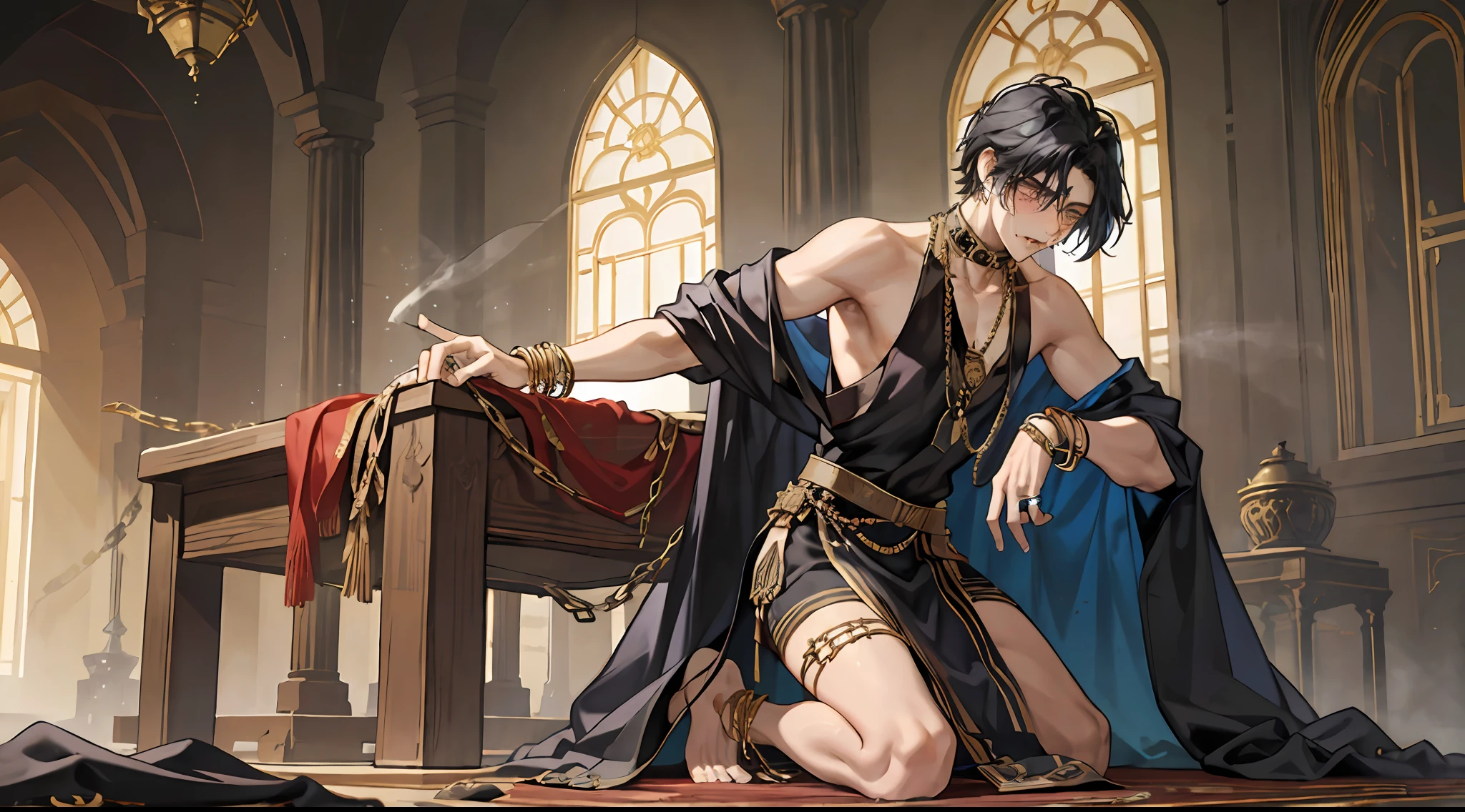 Black Skin, No Top, Young Men, 1boy, Male, Manly, Prince of Persia, Leaky Waist, Jewelry, Brilliant, Long Curly Hair, Black Hair, Dark Skin, Emerald Eyes, Golden Waist Chain, Armband, Thin Waist, Bare Leg, Barefoot, Anklet, Bracelet, Bracelet, Ring, Dynamic Pose, Dramatic Composition, Carpet, Wounded, Battle Damage, Bleeding from the Corners of the Mouth, Kneeling, Carpet, Chains, Collar, Cage, Blushing, Tears, Panting
