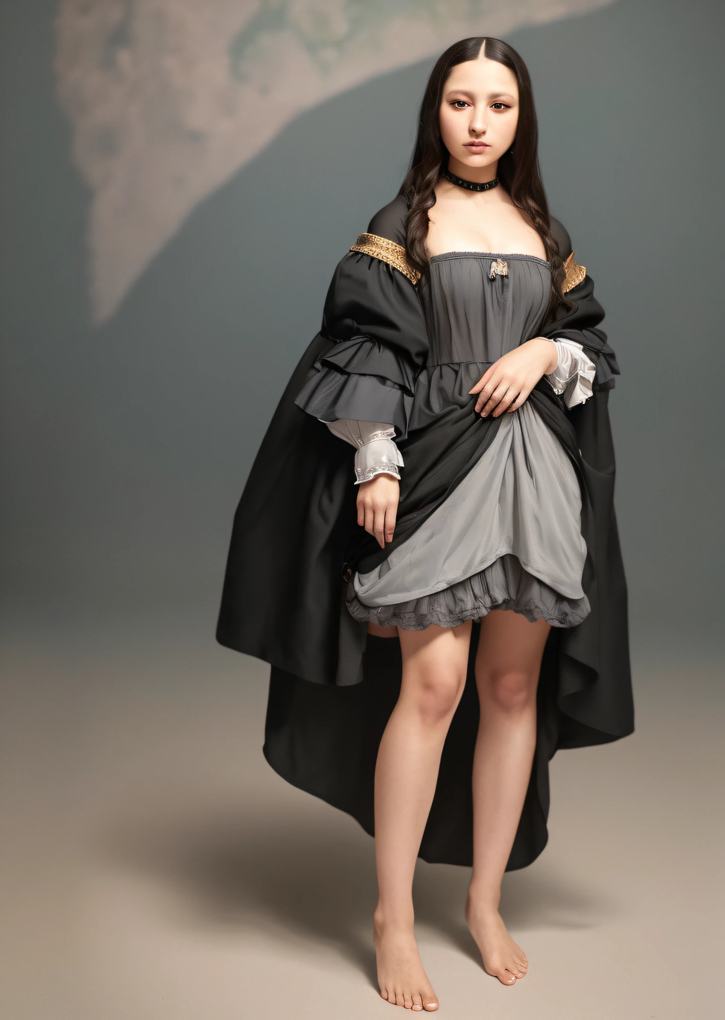 Mona Lisa dressed in fashion, gentle expression, full body portrait, barefoot catwalk, masterpiece, highest quality, high quality, highly detailed CG unit 8k wallpaper, award winning photo, bokeh, depth of field, HDR, flood, chromatic aberration, realistic, very detailed, art station trend, CGsociety trend, complex, high detail, dramatic, midway art, volumetric lighting