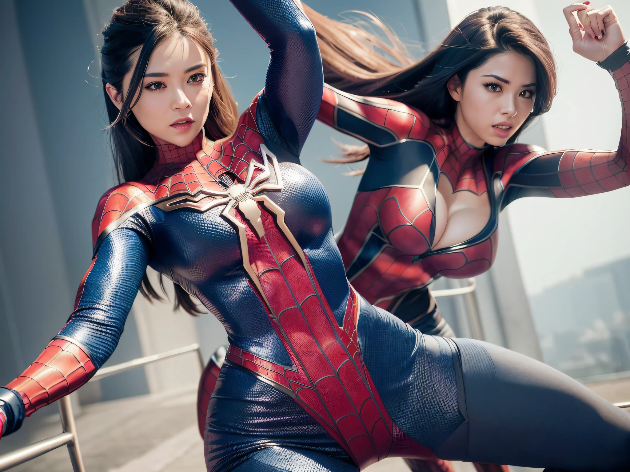 "An intricately-detailed depiction of a woman in a Spider-Man cosplay outfit, showcasing her defined body and medium breasts in the cleavage area, complete with an action-packed pose and a dynamic angle."