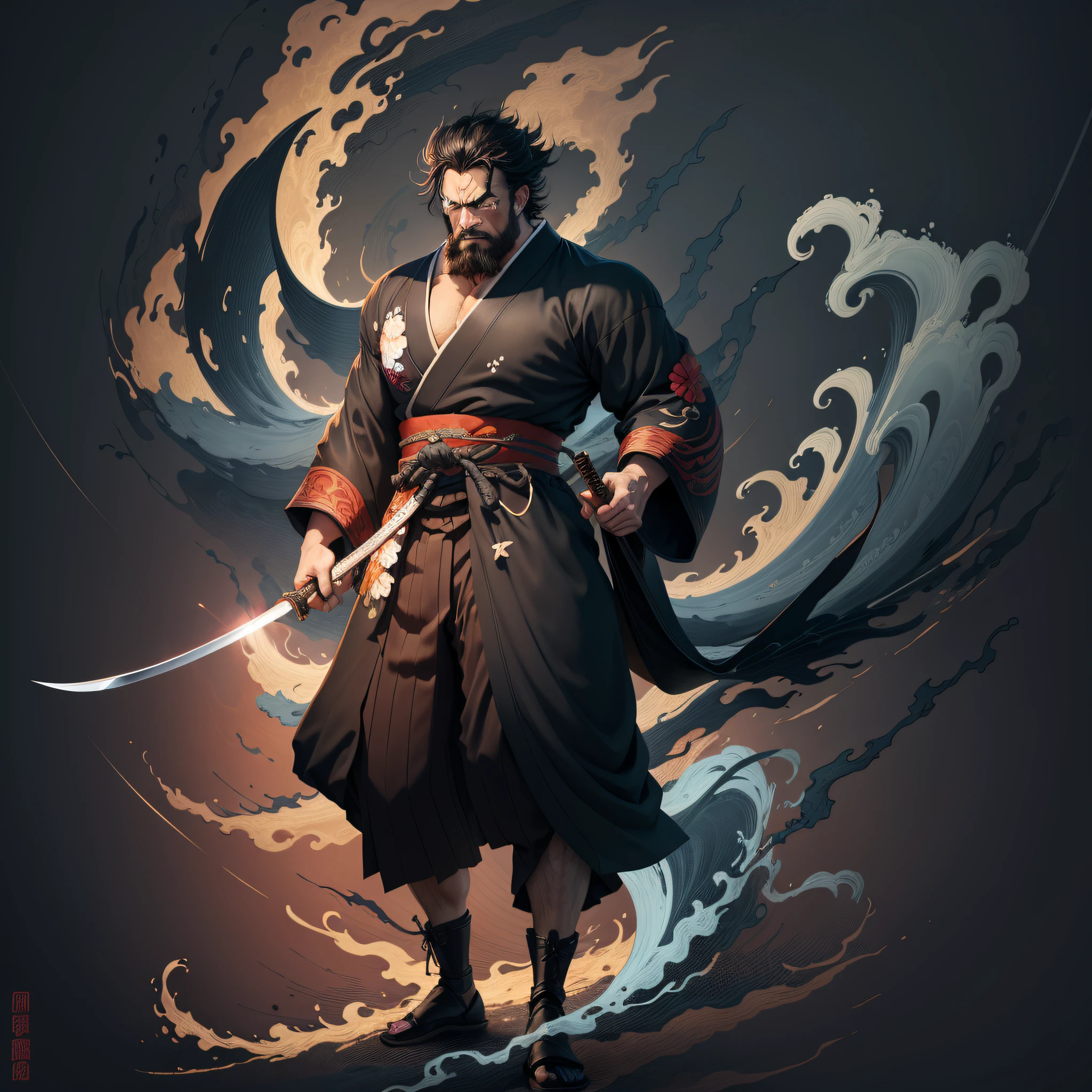 It is a full-body painting with natural colors in the style of ukiyo-e. A Japan samurai with a large body like a strongman. He has a rough face, short black hair, and a short, trimmed beard. He wears a black kimono. The hakama should be a little longer and draw in a flowing shape that flutters in the wind. He holds a sword in his right hand with flames coming out of his Japan sword. The background is Katsushika Hokusai-style swirling waves. Masterpiece high-resolution ukiyo-e style, with the highest quality --auto --s2