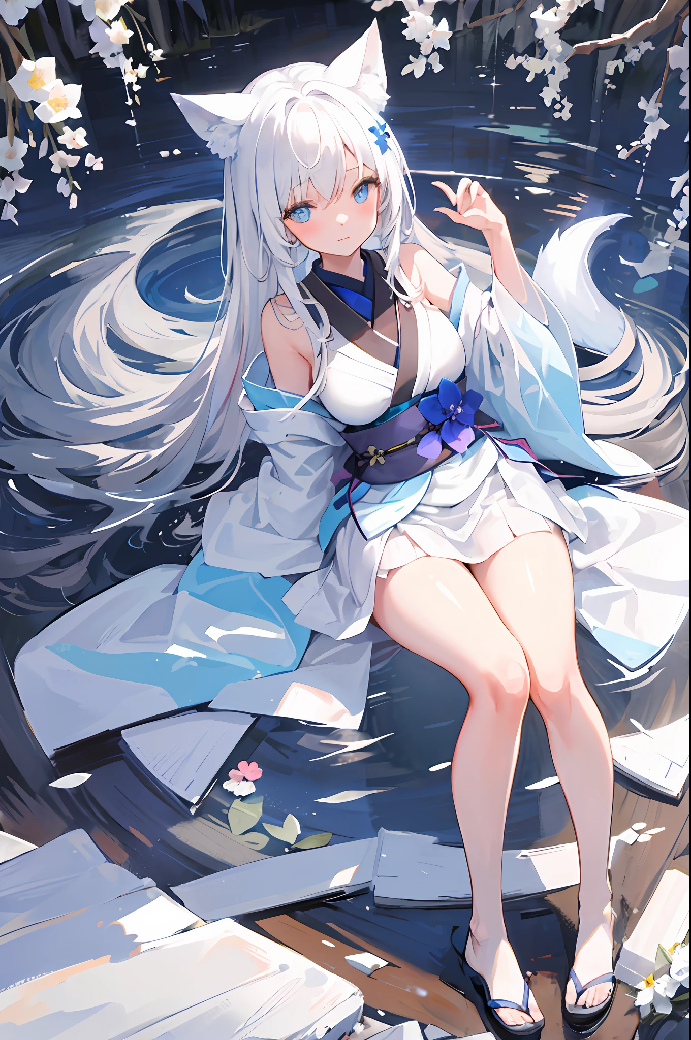 (delicately beautiful eyes and detailed face, masterpiece side light, masterpiece, best quality, detailed, high resolution illustration), (1 girl, full body, beautiful girl, shiny skin, looking down, looking at the audience), (white_background:2.0), (white hair, layered kimono, kimono pull, layered kimono, big breasts, off-the-shoulders, long hair, blue eyes: 1.5), (white fox ears, white foxtail: 1.5), blue flowers, nude photos, big tits, nude, loli, girly, open thighs, Make love spa