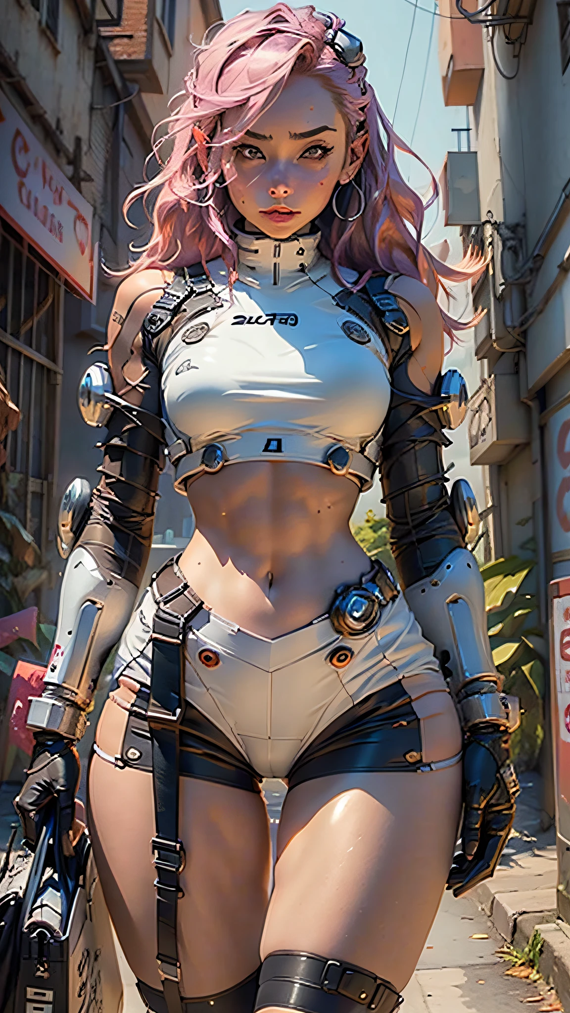 Woman body defined thick thighs cybernetic body parts, short underwear