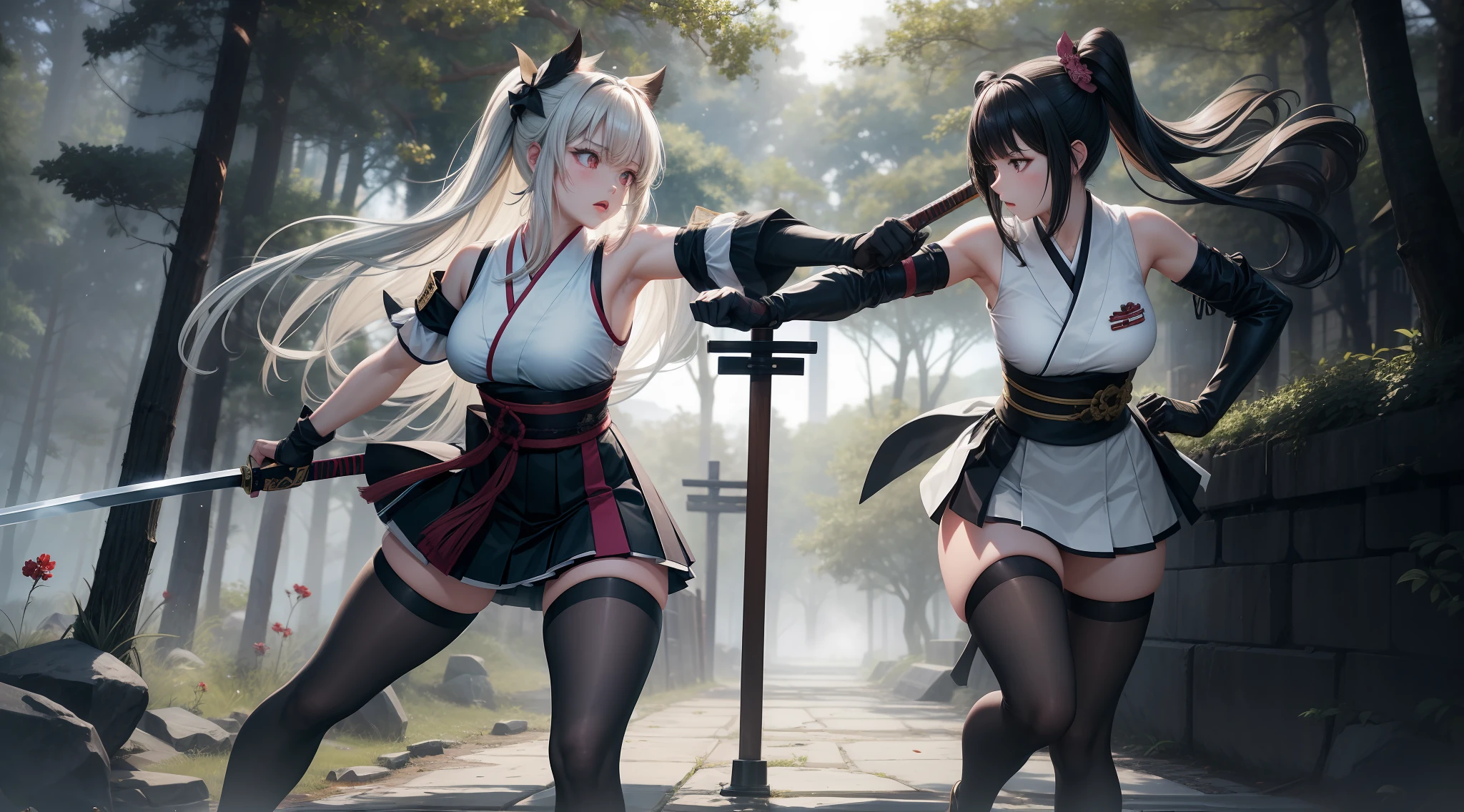 Full body shot from head to feet, two adult female character from Dead or Alive. A thrilling and intense masterpiece depicting a deadly duel between Kokoro versus Hitomi, both expert swordswomen, with the fight reaching a climactic moment of truth. The dynamic action capture the moment as Hitomi takes a lethal blow and succumbs to her injuries, leaving Kokoro as the sole victor in this high-stakes battle. Kokoro have long loose hair. Hitomi have long loose hair. Kokoro wear traditional sleeveless kimono, obi tied on the back hip, black long gloves, medium skirt, and black thigh highs. Hitomi wear traditional sleeveless kimono, obi tied on the back hip, black long gloves, medium skirt, and black thigh highs. Background set on lush forest, with no effect.