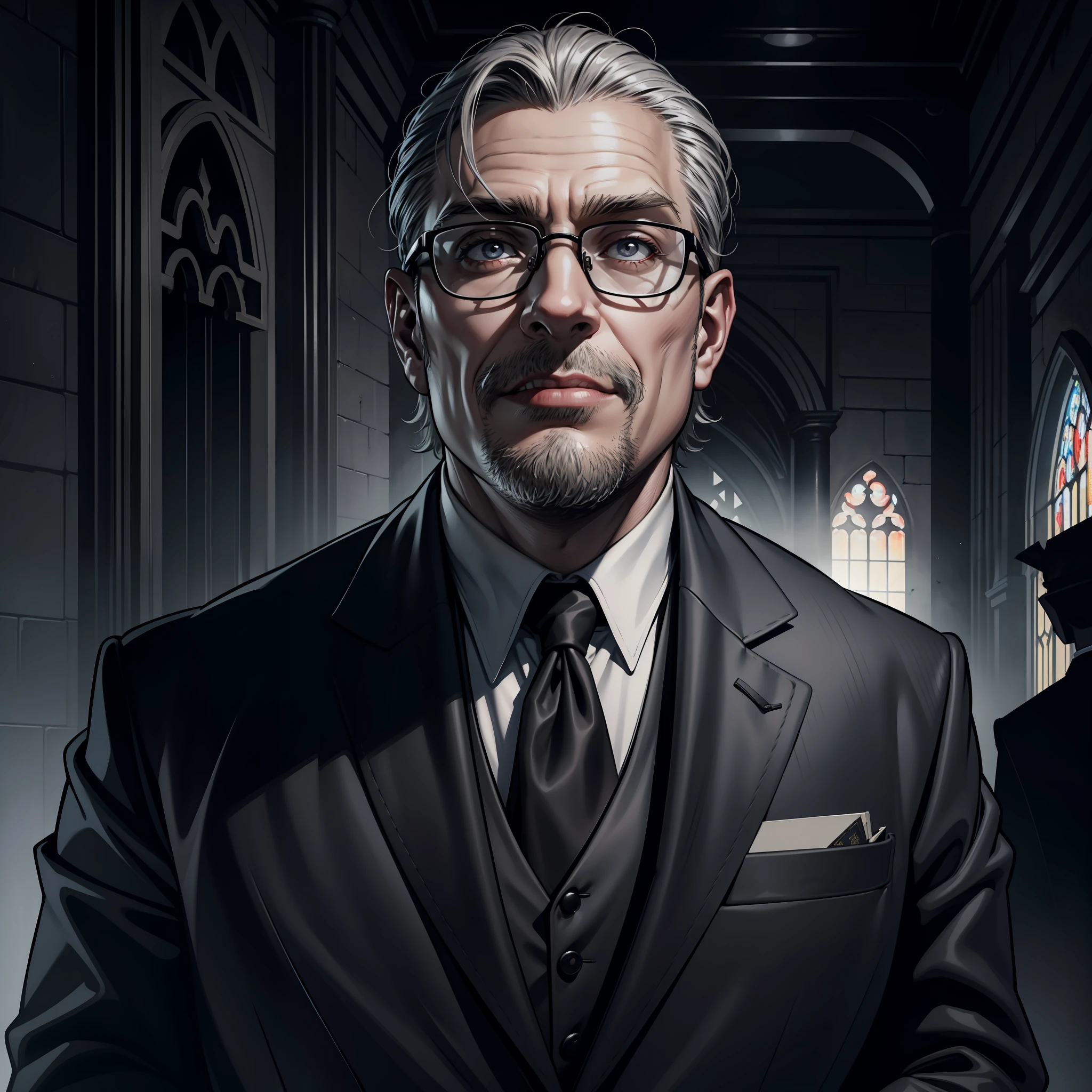 (extremely detailed 8k wallpaper), dark theme, Vampire the Masquerade, modern horror, 2020s, middle-aged fat man, wearing dark suit, evangelical church pastor, holding Holy Bible, sharp focus, (subsurface scattering:1.1), award-winning photograph, centered face, fake smile, half-body photo:1.1, short gray hair, glasses, gray eyes:1.2, political scammer expression,  behind evangelical church pulpit, dramatic lighting