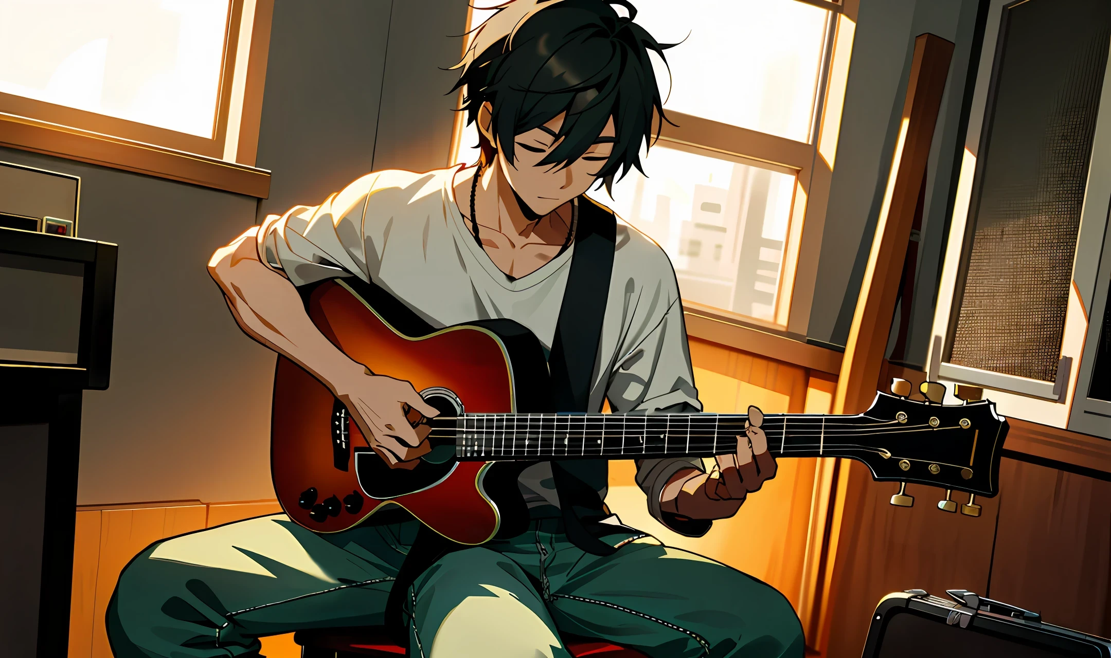 Cute asian sexy man with guiter sit on the chair and write a song studio room/moody tone / half body view