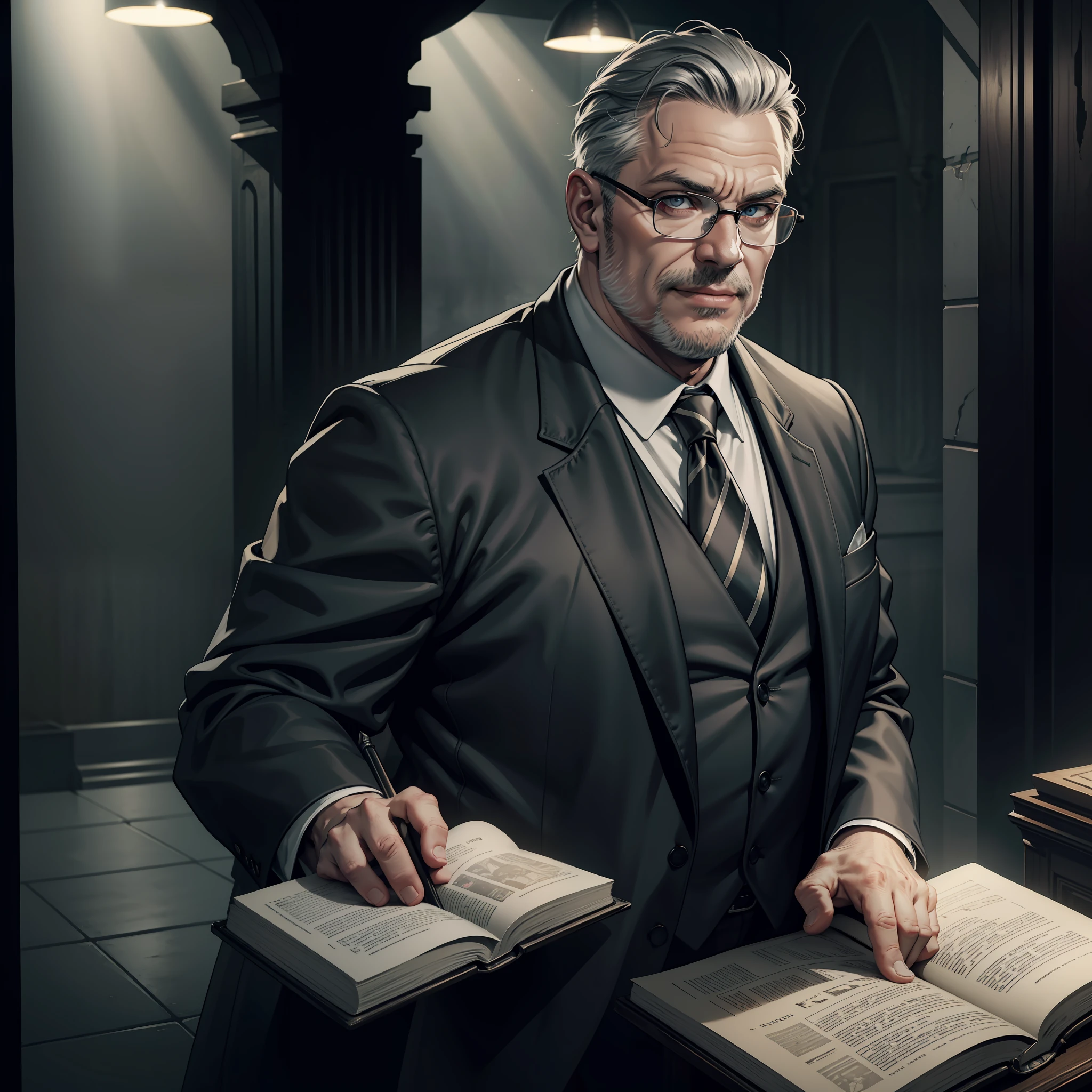 (extremely detailed 8k wallpaper), dark theme, Vampire the Masquerade, modern horror, 2020s, middle-aged fat man, wearing dark suit, evangelical church pastor, holding Holy Bible, sharp focus, (subsurface scattering:1.1), award-winning photograph, centered face, fake smile, half-body photo:1.1, short gray hair, glasses, gray eyes:1.2, political scammer expression, behind evangelical church pulpit, dramatic lighting