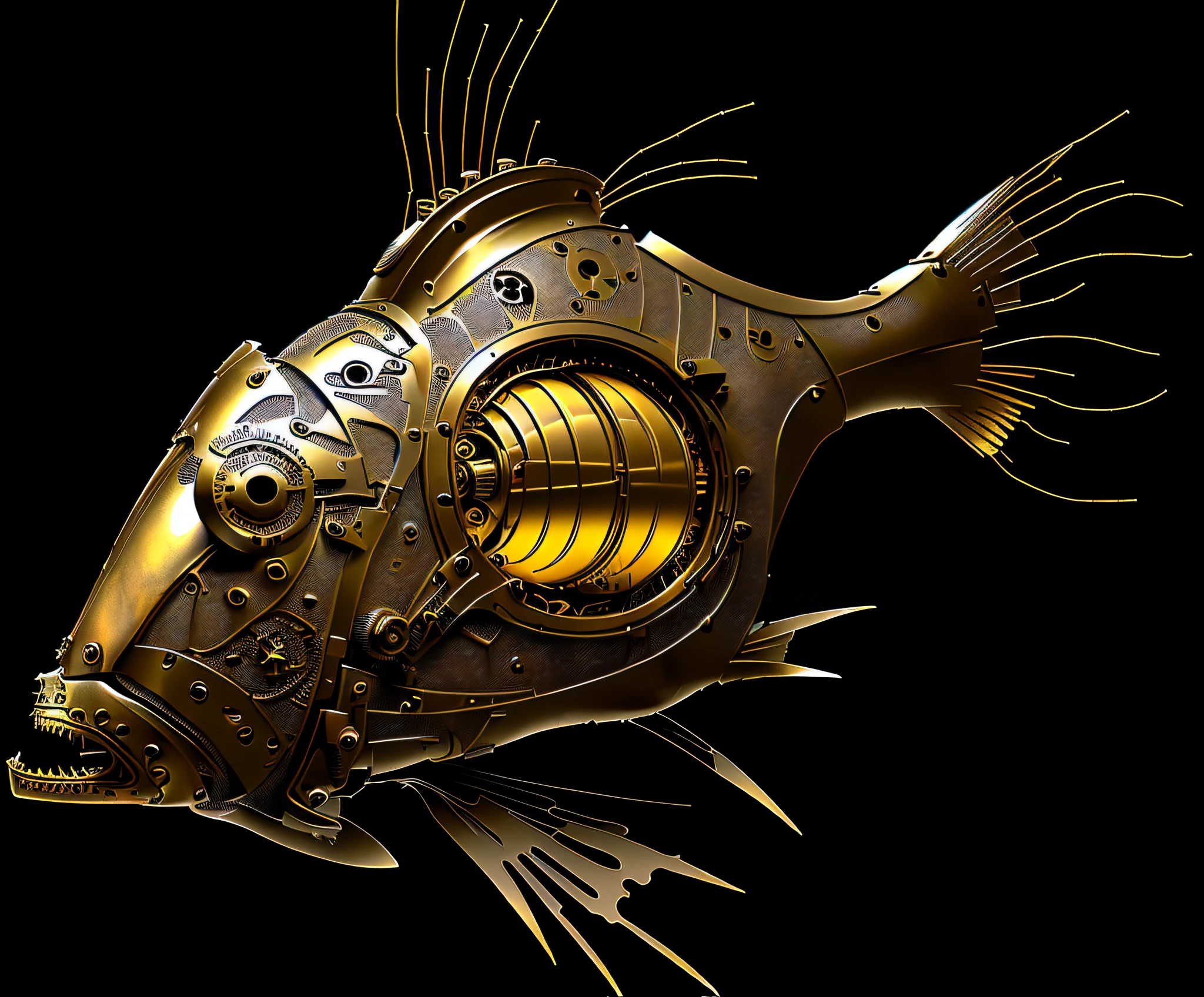 there is a metal fish sculpture with a steam engine on it, angler fish sculpture, angler fish, metal art, deep sea fish, bronze biomechanical, golden fish in water exoskeleton, biomechanical sculpture, made from mechanical parts, steampunk art, made up of many bits of metal, steampunk design, steampunk bioarmor, steampunk diving helmet --auto --s2