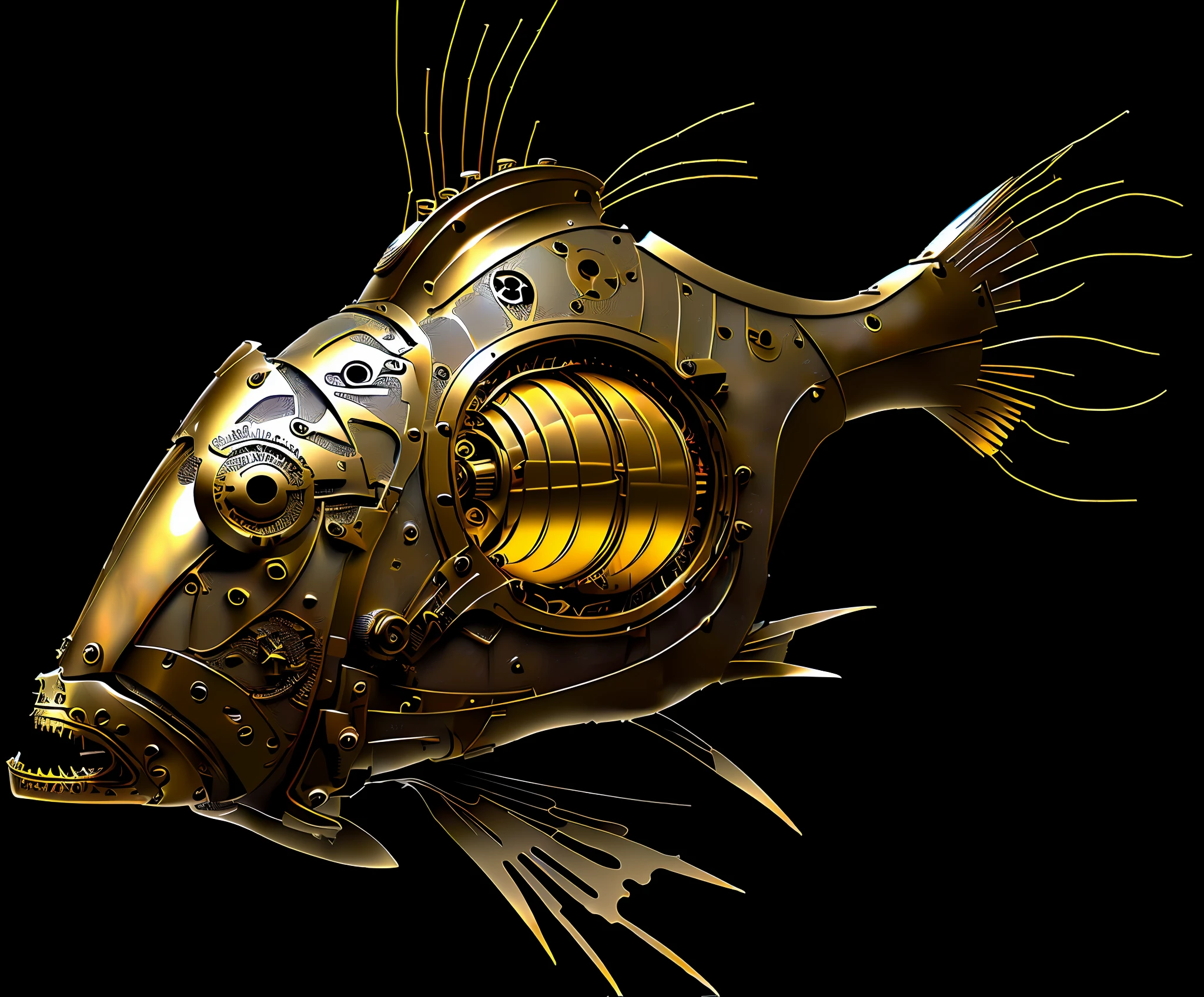 there is a metal fish sculpture with a steam engine on it, angler fish sculpture, angler fish, metal art, deep sea fish, bronze biomechanical, golden fish in water exoskeleton, biomechanical sculpture, made from mechanical parts, steampunk art, made up of many bits of metal, steampunk design, steampunk bioarmor, steampunk diving helmet --auto --s2