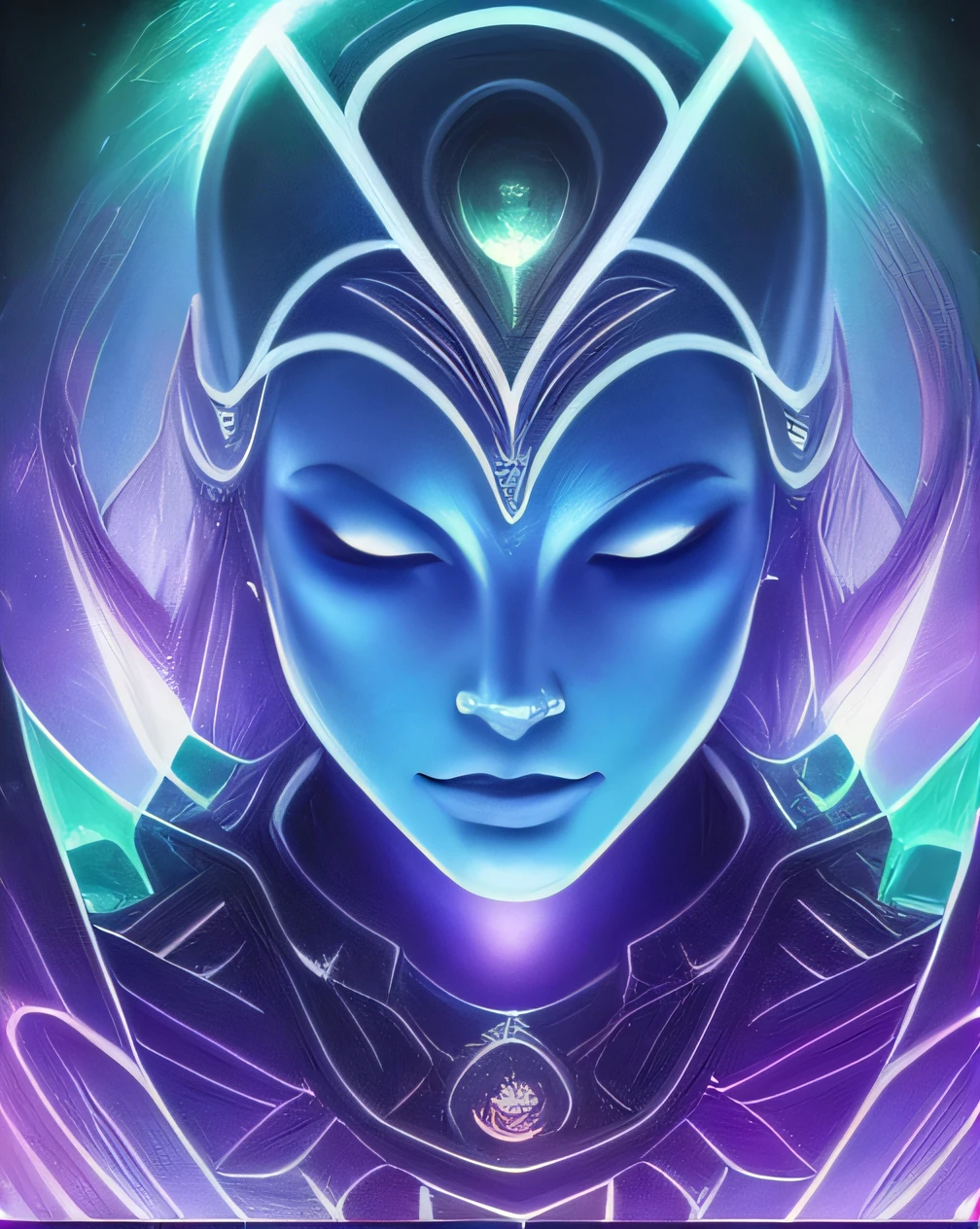 a close up of a woman with a glowing halo on her head, orianna, portrait of a cosmic goddess, epic fantasy digital art style, artgerm jsc, glowwave girl portrait, glowing blue face, artgerm julie bell beeple, goddess close-up portrait, protoss, protoss!!!!, detailed matte fantasy portrait, artgerm detailed