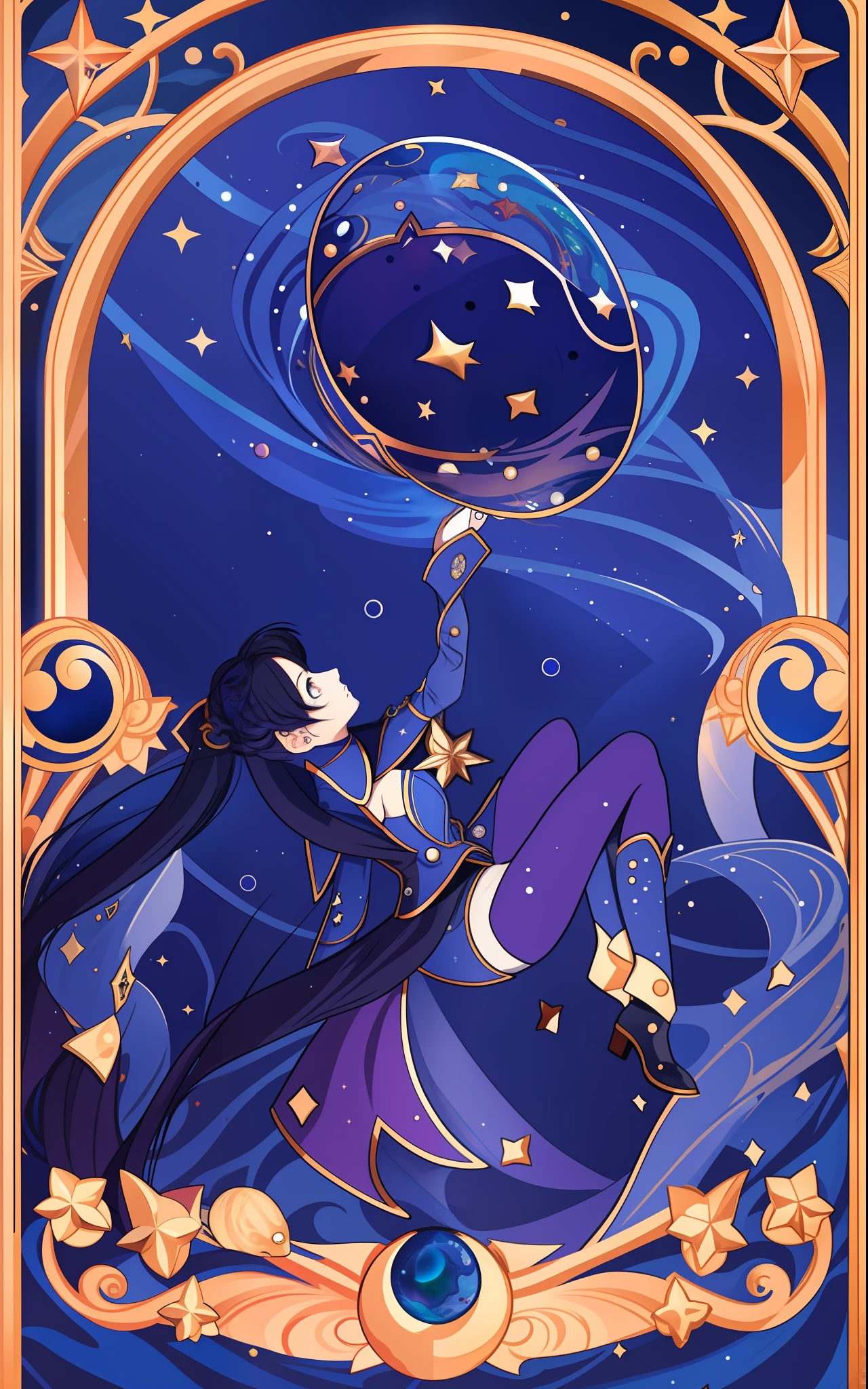 Anime character framed with starry sky background, anime Art Nouveau space display, official fan art like tarot card, [tarot card]!!!!!, Jen Barthel, Celestial Witch, Secret Art Style, Beautiful Celestial Mage, Goddess of Space and Time, Official Art, Star Tarot Card, Art Nouveau Anime, Floating in Space, There Is a Woman Who Drowns in Water, Anime Modern Space Display,  like Tarot Card, Major Arcana Mason Star, Beautiful Water Magician, Star Tarot Card, Secret Art Style, [Tarot Card]!!!!!, Water Witch, Tarot Card Art, Tarot Card Design, Mona, Genshin Impact, Magic Circle, Magic Circle, Writing, Girl Reaches for Circle, Tone T Girl in Water, Girl Holding Star, Water with Stars, Cosmic Water, Fish, Space Fish, Mysterious Atmosphere,  Jellyfish Sanctuary Virgo, Moon Goddess, Ocean Goddess, Medusa Priestess, Anime Goddess, Jellyfish Temple Virgo 8k like tarot card, girl holding the moon, golden frame in front, moon behind the girl, waves, girl standing in the waves, fog behind the girl, city in the background, flat style, many details, sinking, falling, back down, profile