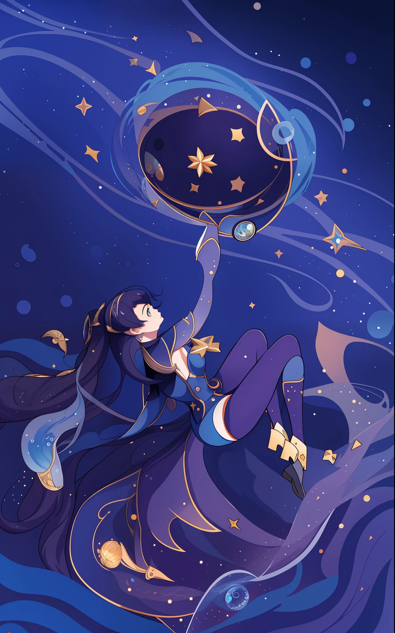 Anime character framed with starry sky background, anime Art Nouveau space display, official fan art like tarot card, [tarot card]!!!!!, Jen Barthel, Celestial Witch, Secret Art Style, Beautiful Celestial Mage, Goddess of Space and Time, Official Art, Star Tarot Card, Art Nouveau Anime, Floating in Space, There Is a Woman Who Drowns in Water, Anime Modern Space Display,  like Tarot Card, Major Arcana Mason Star, Beautiful Water Magician, Star Tarot Card, Secret Art Style, [Tarot Card]!!!!!, Water Witch, Tarot Card Art, Tarot Card Design, Mona, Genshin Impact, Magic Circle, Magic Circle, Writing, Girl Reaches for Circle, Tone T Girl in Water, Girl Holding Star, Water with Stars, Cosmic Water, Fish, Space Fish, Mysterious Atmosphere,  Jellyfish Sanctuary Virgo, Moon Goddess, Ocean Goddess, Medusa Priestess, Anime Goddess, Jellyfish Temple Virgo 8k like tarot card, girl holding the moon, golden frame in front, moon behind the girl, waves, girl standing in the waves, fog behind the girl, city in the background, flat style, many details, sinking, falling, back down, profile