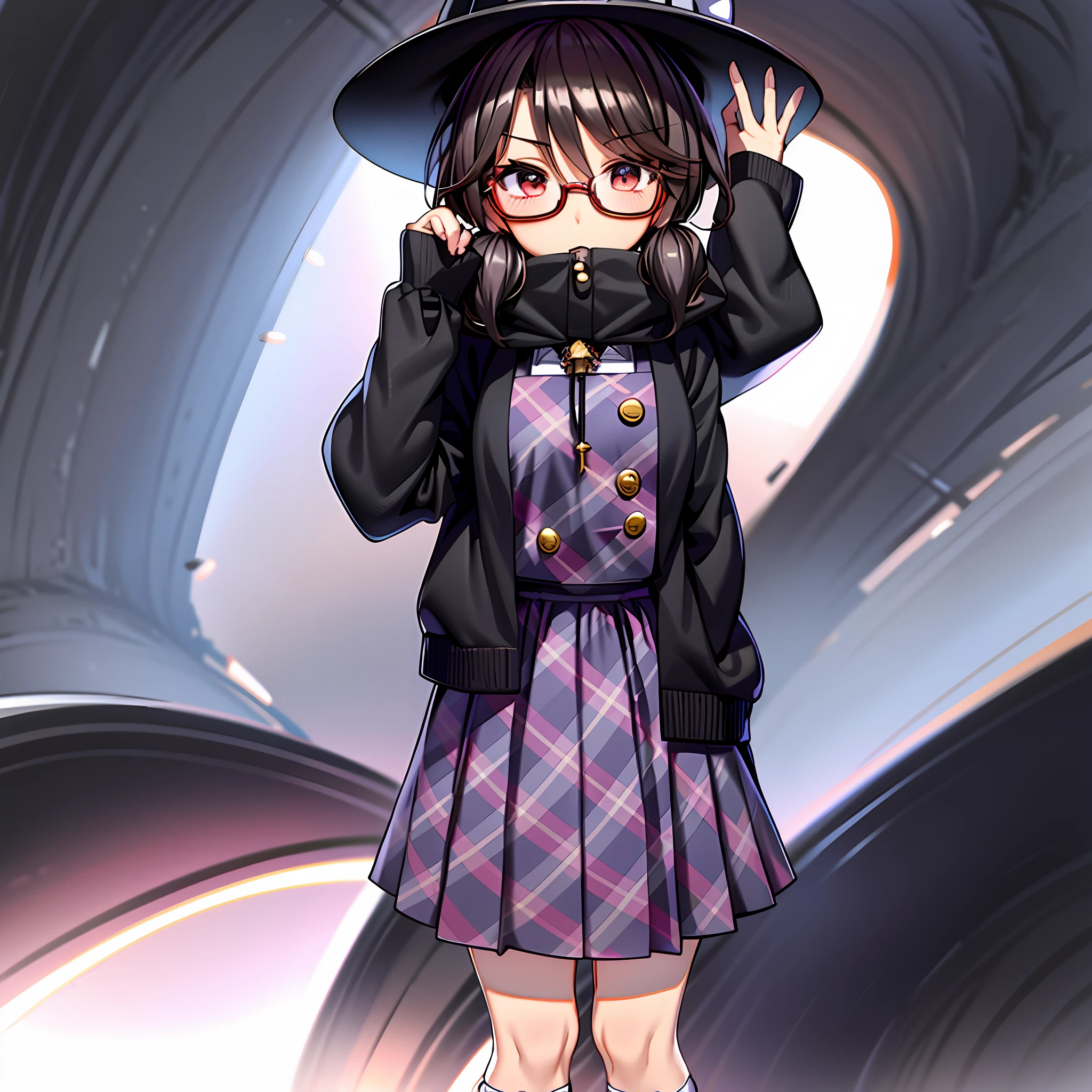 usami sumireko, fedora, plaid vest, low twintails, black hair, short har, red-rimmed glasses, white socks,