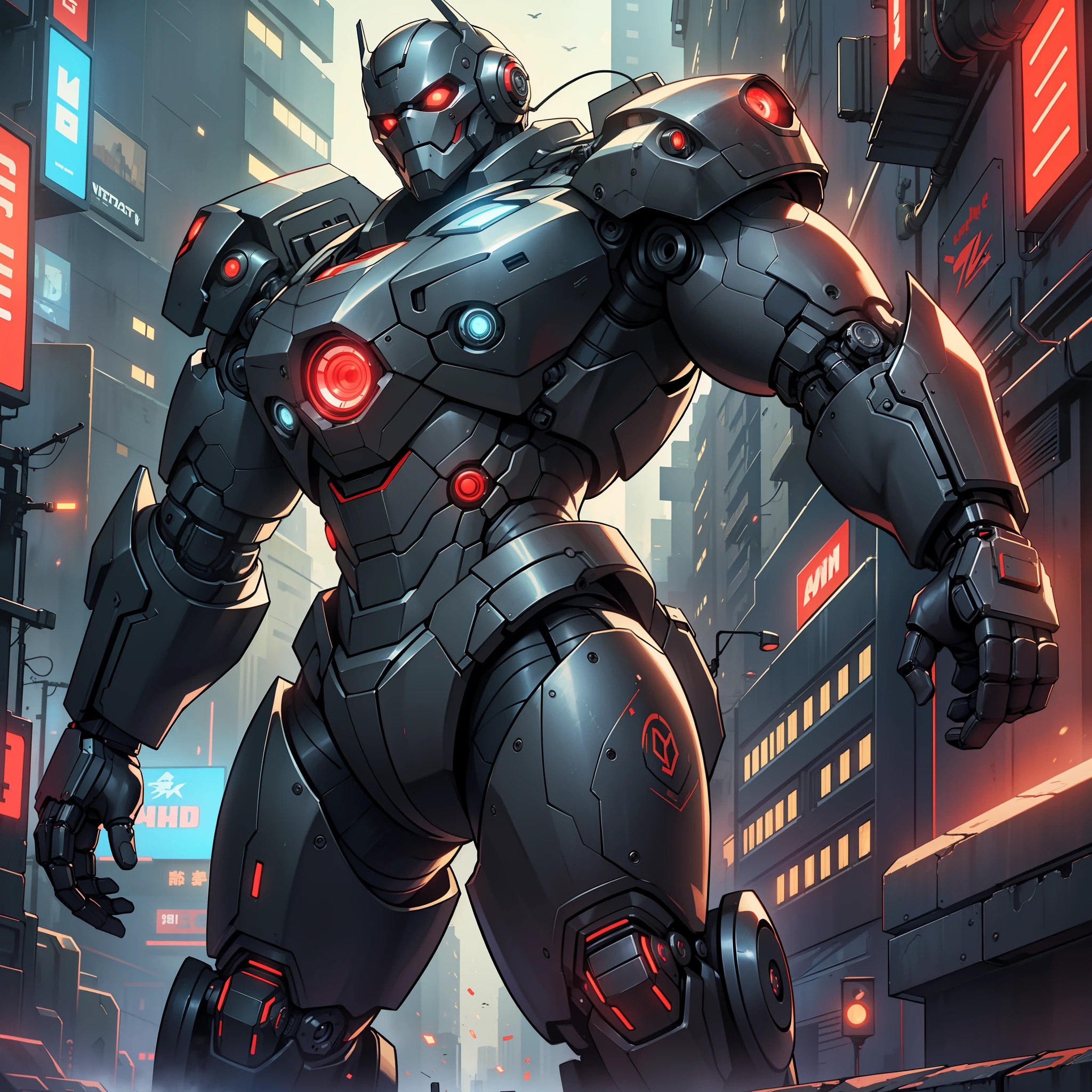 (masterpiece:1.2),excellent quality, black robotic suit, (red display:1.1), confident, rustic strong, 4k full HD, highly detailed cinematics, Cyberpunk background, (dark urban background:0.9), intense shadows, bold lighting. --auto --s2