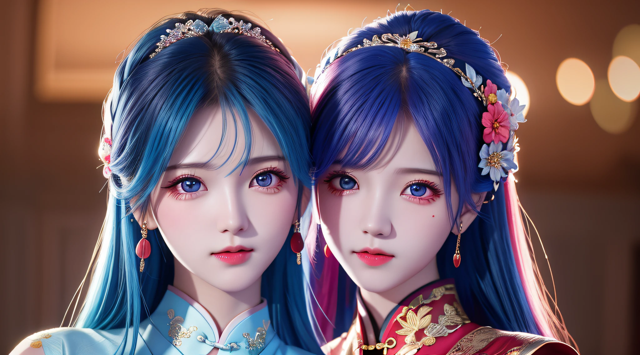 Best Quality, Masterpiece, High Resolution, Two People, 2 Girls, Cheongsam, Sexy, Hair Accessories, Necklace, Jewelry, Beautiful Face, upon_body, Tyndall Effect, Realistic, Dark Studio, Edge Lighting, Two-tone Lighting, (High Detail Skin: 1.2), 8k UHD, DSLR Camera, Soft Lighting, High Quality, Volume Lighting, Frank, Photo, High Resolution, 4K, 8K, Bokeh, Full Body, Blue-Pink Hair, Red Eyes, Red-Black Clothes, Tear Mole