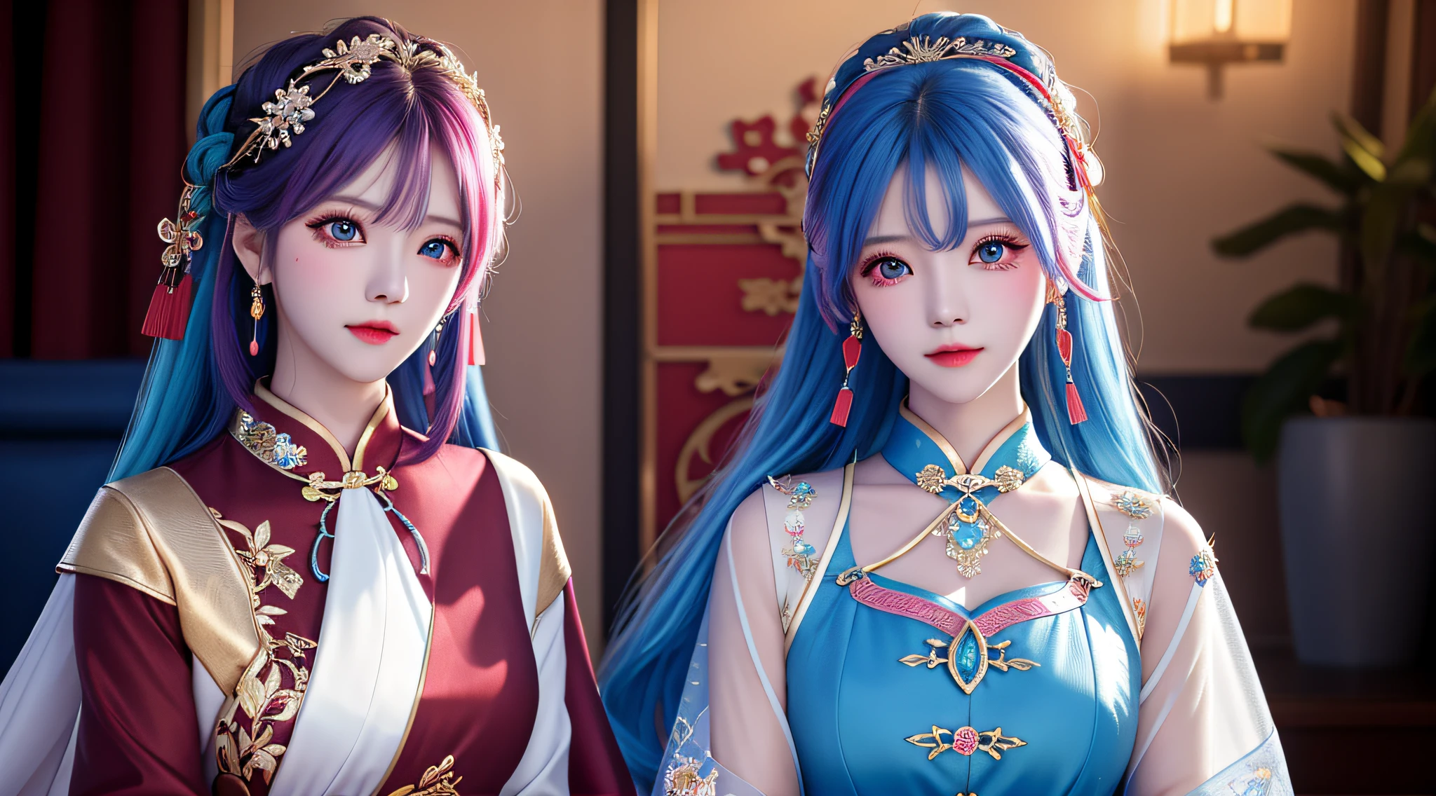Best Quality, Masterpiece, High Resolution, Two People, 2 Girls, Cheongsam, Sexy, Hair Accessories, Necklace, Jewelry, Beautiful Face, upon_body, Tyndall Effect, Realistic, Dark Studio, Edge Lighting, Two-tone Lighting, (High Detail Skin: 1.2), 8k UHD, DSLR Camera, Soft Lighting, High Quality, Volume Lighting, Frank, Photo, High Resolution, 4K, 8K, Bokeh, Full Body, Blue-Pink Hair, Red Eyes, Red-Black Clothes, Tear Mole