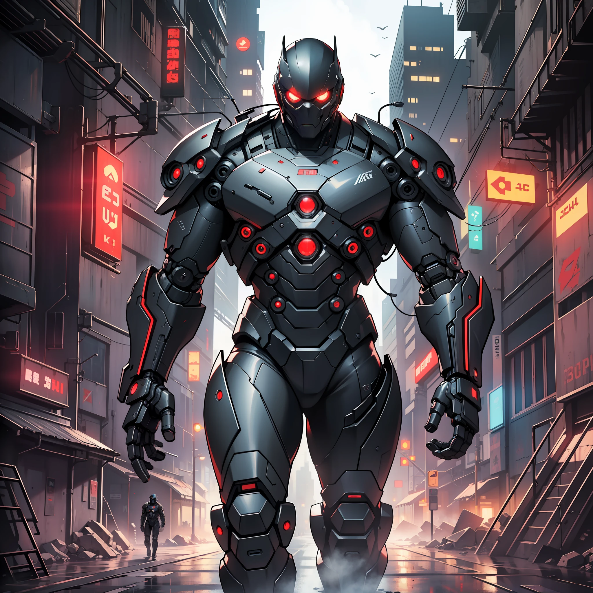 (masterpiece:1.2),excellent quality, black robotic suit, (red display:1.1), confident, rustic strong, 4k full HD, highly detailed cinematics, Cyberpunk background, (dark urban background:0.9), intense shadows, bold lighting. --auto --s2