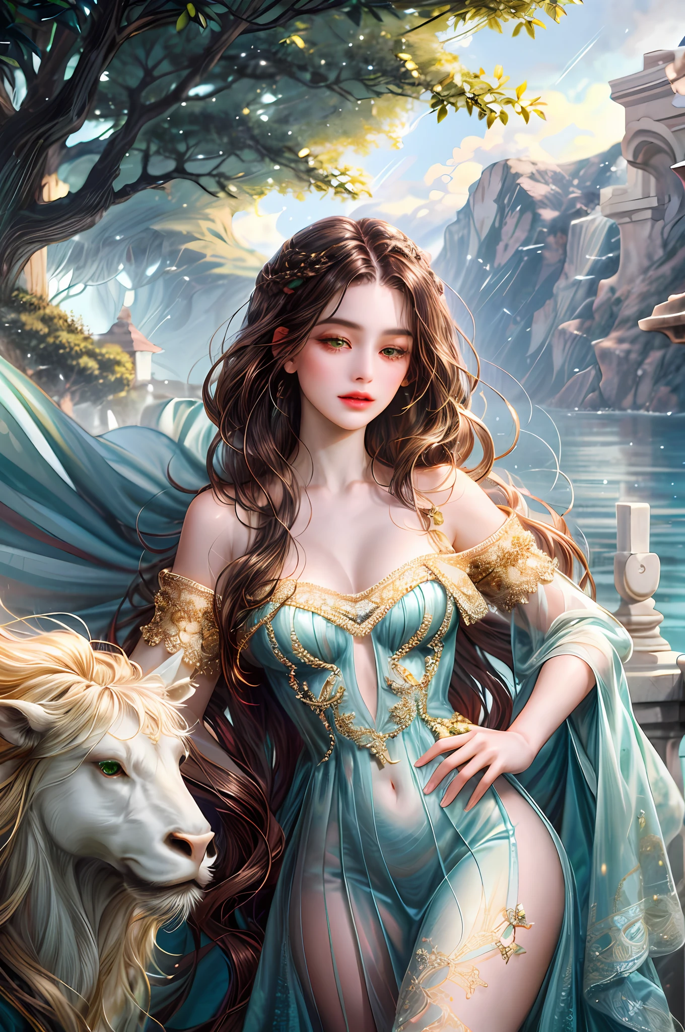 ( High quality , ultra detailed to hand ) ( careful hand ) (ultra detailed) Zodiac sign- Taurus goddess , similar to latin goodness , Practical, resourceful, confident, energetic, tidy face . Stubborn, unforgiving, excessive style . Dark brown hair . Long hair . Green eyes ( eyes detailed ) . transparent dress , in the ocean with trees island , whole body . Pure make up look .