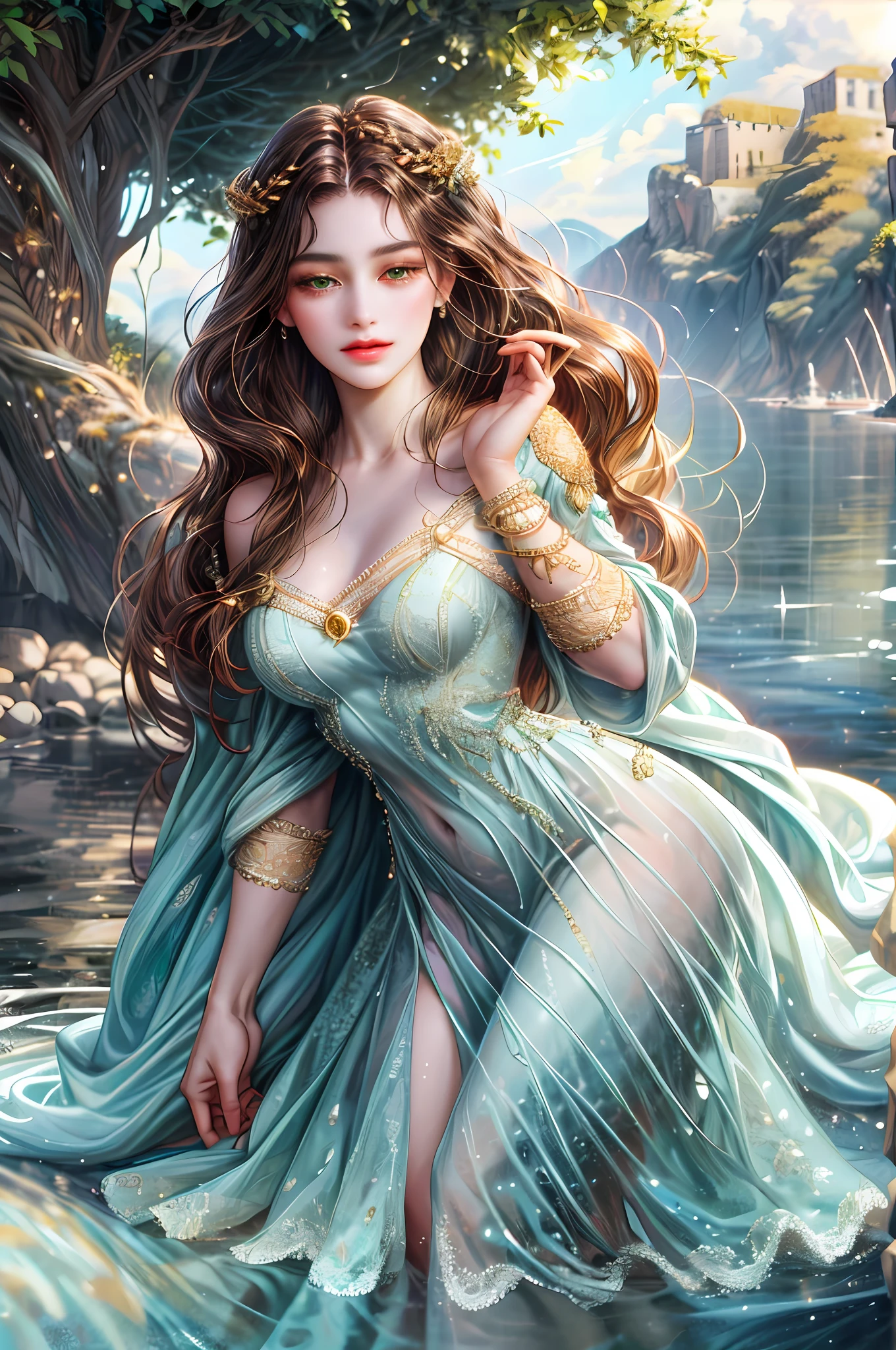 ( High quality , ultra detailed to hand ) ( careful hand ) (ultra detailed) Zodiac sign- Taurus goddess , similar to latin goodness , Practical, resourceful, confident, energetic, tidy face . Stubborn, unforgiving, excessive style . Dark brown hair . Long hair . Green eyes ( eyes detailed ) . transparent dress , in the ocean with trees island , whole body . Pure make up look .