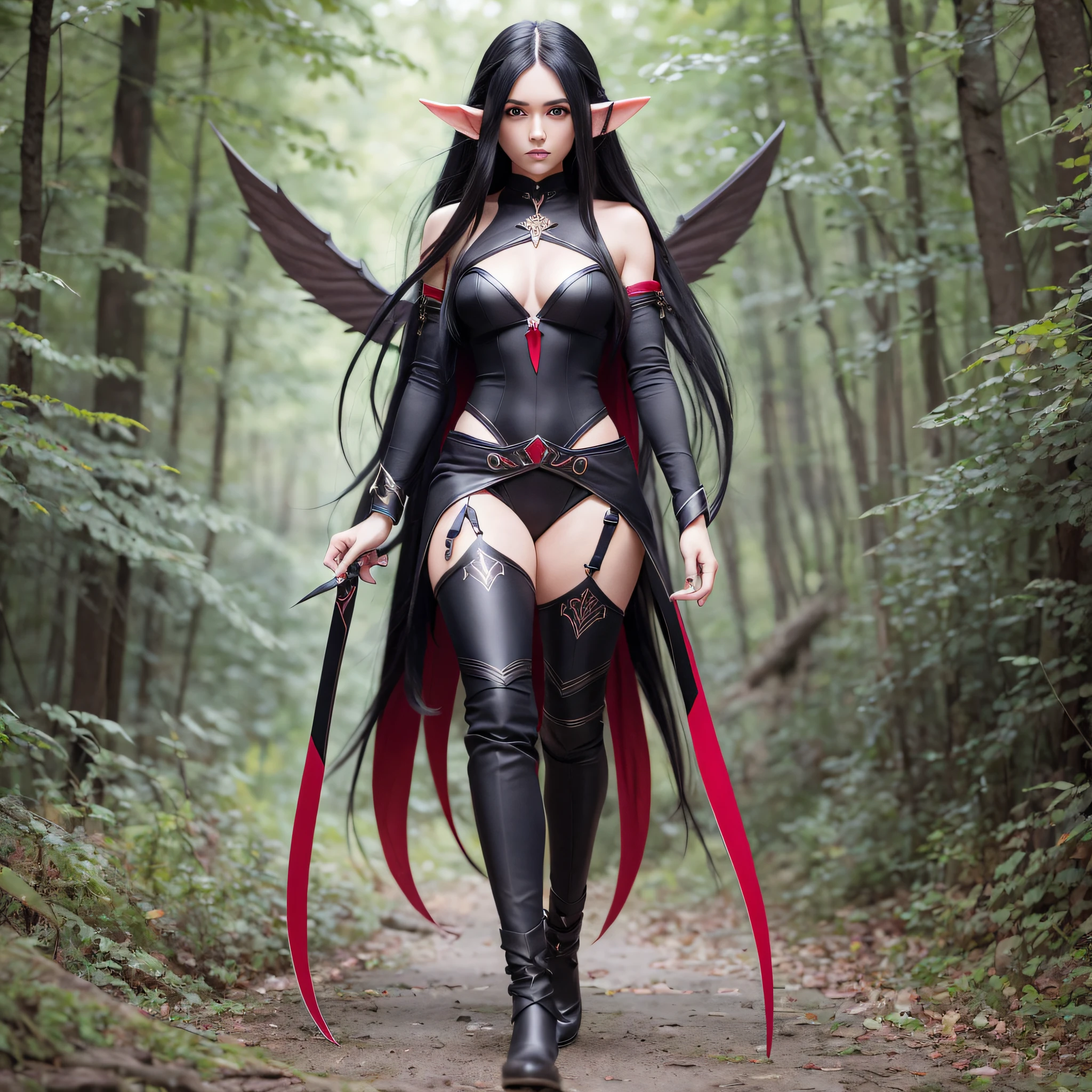 Create image of a full-body elf with long black hair and red eyes in 2D side pixels with dark PNG theme in different pixelated full-body positions --auto --s2