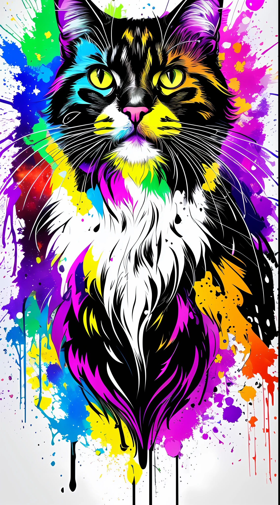 olpntng style, colorful realistic black cat, mascot, t-shirt design, clean design, splash colored paint, wlop, outline, (((white background)), nice, hyper-detailed intricately triadic colors complementary colors, 8k resolution, neon deviantart masterpiece, paint dripping --auto --s2