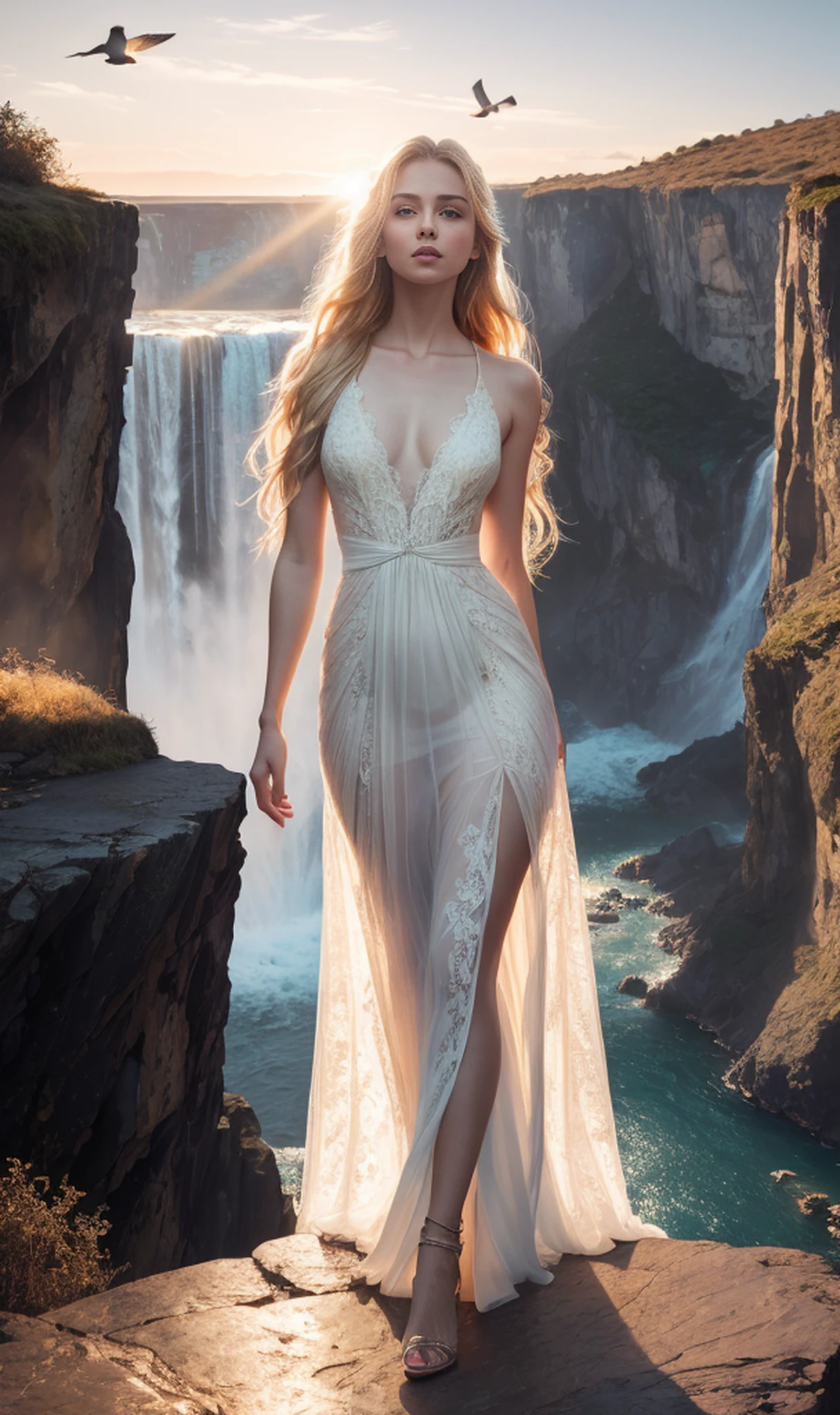 Masterpiece, (((full figure))) entire body in frame, (((magical lighting action shot))) (((beautiful seductive sexy anorexic pale goddess woman standing on waterfall looking over the edge, birds eye view, sun rays))), ((( intricate lace future fantasy long dress covering the body))) , (((long blonde hair))) sunset lighting, golden hour, golden colors, very detailed, dramatic lighting, digital art trending on Artstation 8k HD high definition detailed realistic, detailed, skin texture, hyper detailed, realistic skin texture, armature, best quality, ultra high res, (photorealistic:1.4), high resolution, detailed, raw photo, sharp re, by lee jeffries nikon d850 film stock photograph 4 kodak portra 400 camera f1.6 lens rich colors hyper realistic lifelike texture dramatic lighting unrealengine trending on artstation cinestill 800, (((accurate female anatomy, perfect eyes)))