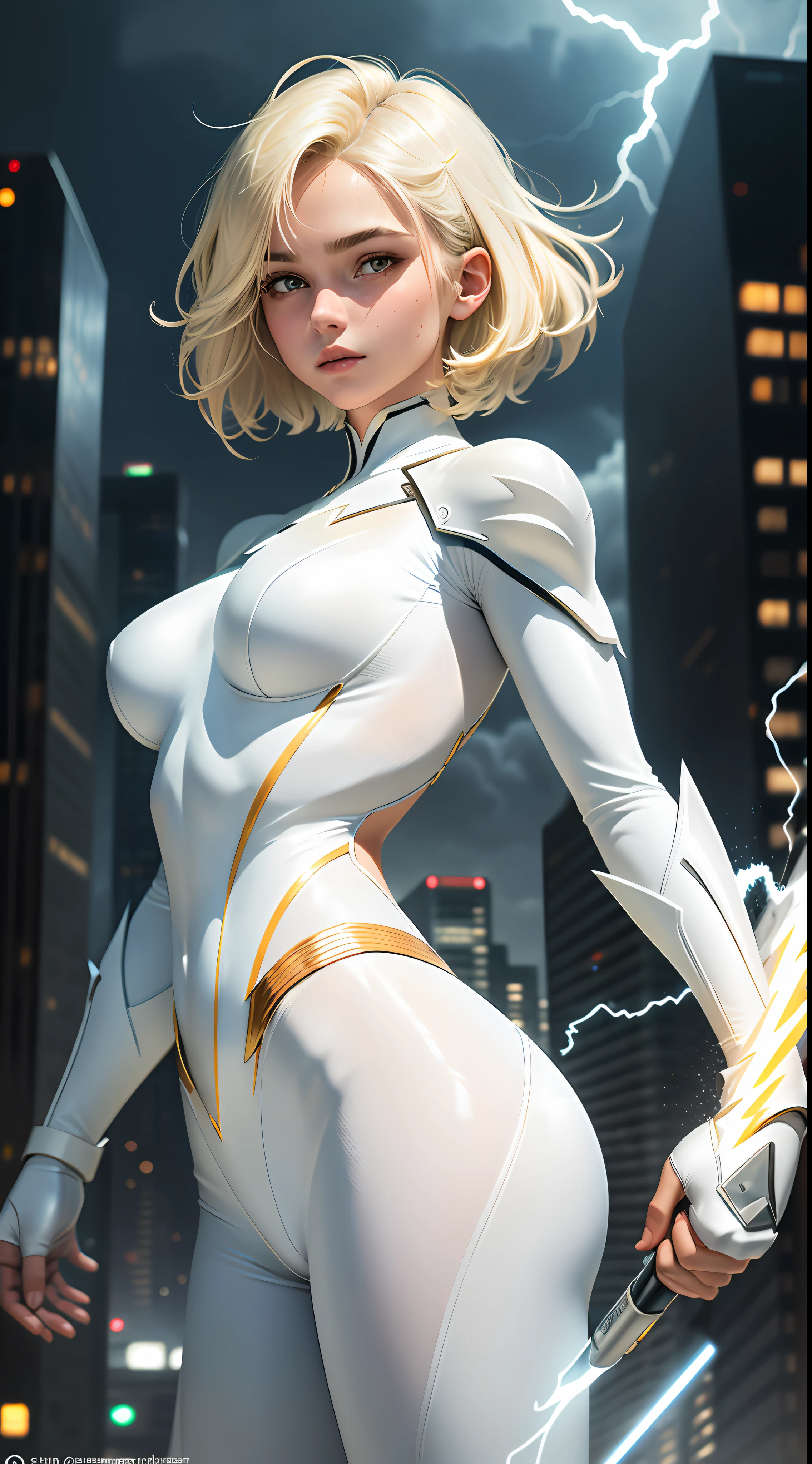 18-year-old girl, upper body, close-up, white Batman suit, long pants, (((short hair)), blonde hair, floating hair, beautiful face, lightning, city in the night, masterpiece, exquisite details, perfect anatomy
