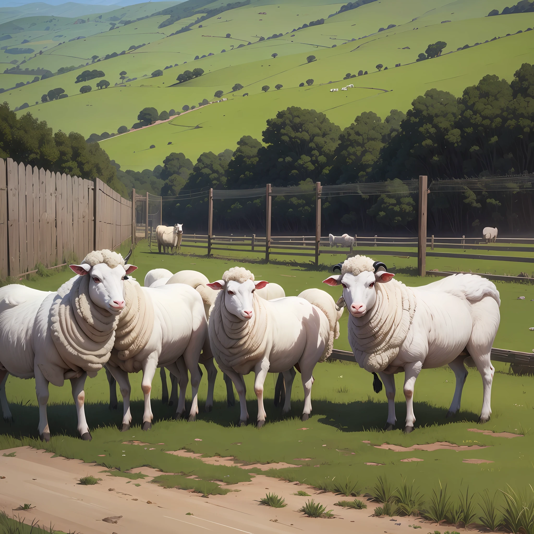 there are many sheep that are standing in a fenced in area, by Ceferí Olivé, cows, by Willian Murai, white block fence, small fence, extremly high quality, feed troughs, bovine, farm land, by Felipe Seade, herds fighting, many goats, pastures, by Jacob Steinhardt --auto --s2
