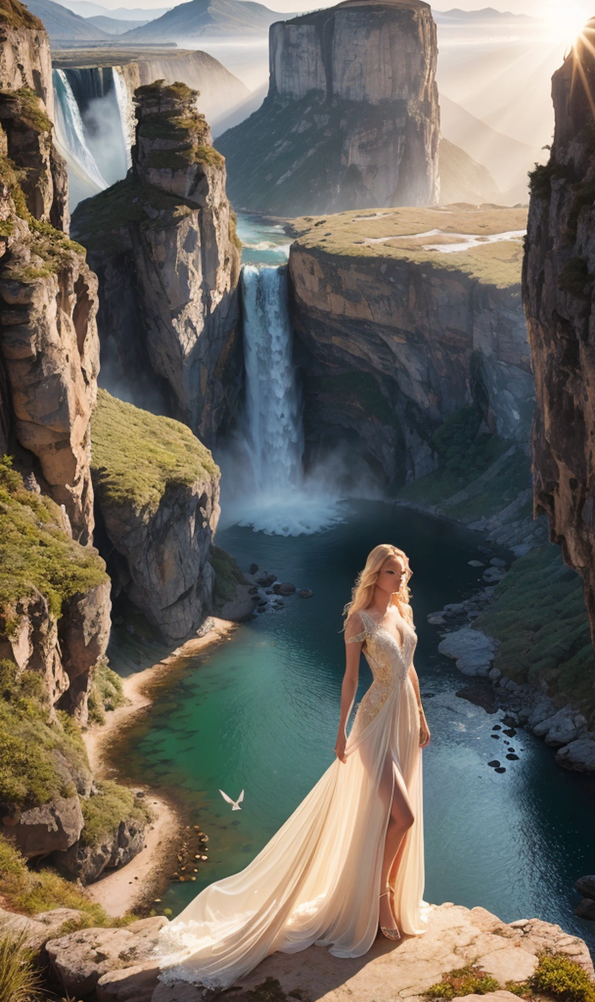 Masterpiece, (((full figure))) entire body in frame, (((magical lighting action shot))) (((beautiful seductive sexy anorexic pale goddess woman standing on waterfall looking over the edge, birds eye view, sun rays))), ((( intricate lace future fantasy long dress covering the body))) , (((long blonde hair))) sunset lighting, golden hour, golden colors, very detailed, dramatic lighting, digital art trending on Artstation 8k HD high definition detailed realistic, detailed, skin texture, hyper detailed, realistic skin texture, armature, best quality, ultra high res, (photorealistic:1.4), high resolution, detailed, raw photo, sharp re, by lee jeffries nikon d850 film stock photograph 4 kodak portra 400 camera f1.6 lens rich colors hyper realistic lifelike texture dramatic lighting unrealengine trending on artstation cinestill 800, (((accurate female anatomy, perfect eyes)))