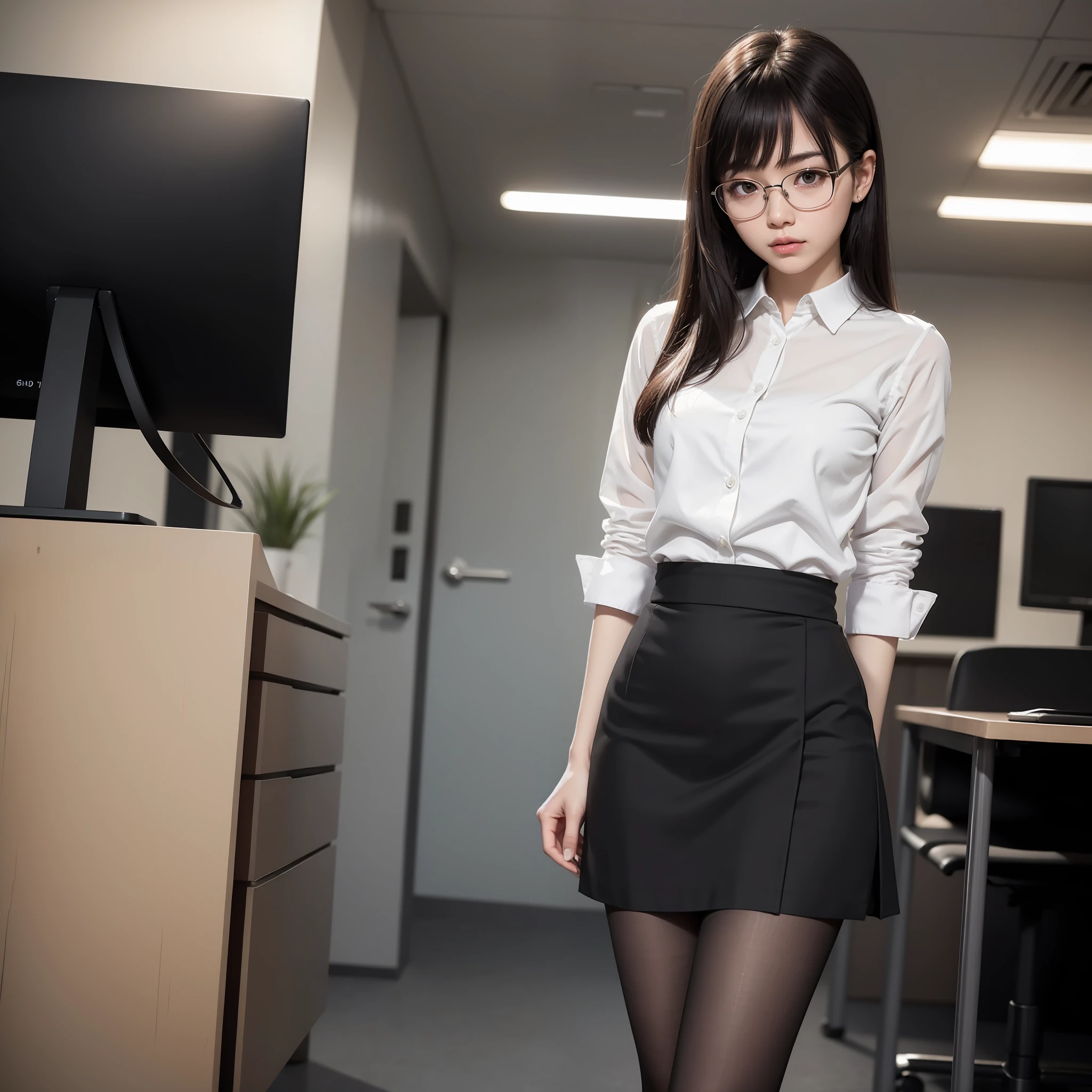 (Absolutely One Woman),(One Girl),Alone,Solo,Standing,Knees Spread,Raw Photo, Candid, Narrow Eyes,Full Body,Black Pantyhose,Textured Skin,,Office Lady,Suit,Skirt,Bangs About Eyebrows,(Shotcut),Looking Viewer,Raw Photo,Pale Skin,Japan People, Glasses, Small, Young, Tall, Dark Expression, Bright Black Eyes, Anger, Slender Body, Medium Build, Small waist, wide thighs, photorealistic, best quality, 8K, masterpiece