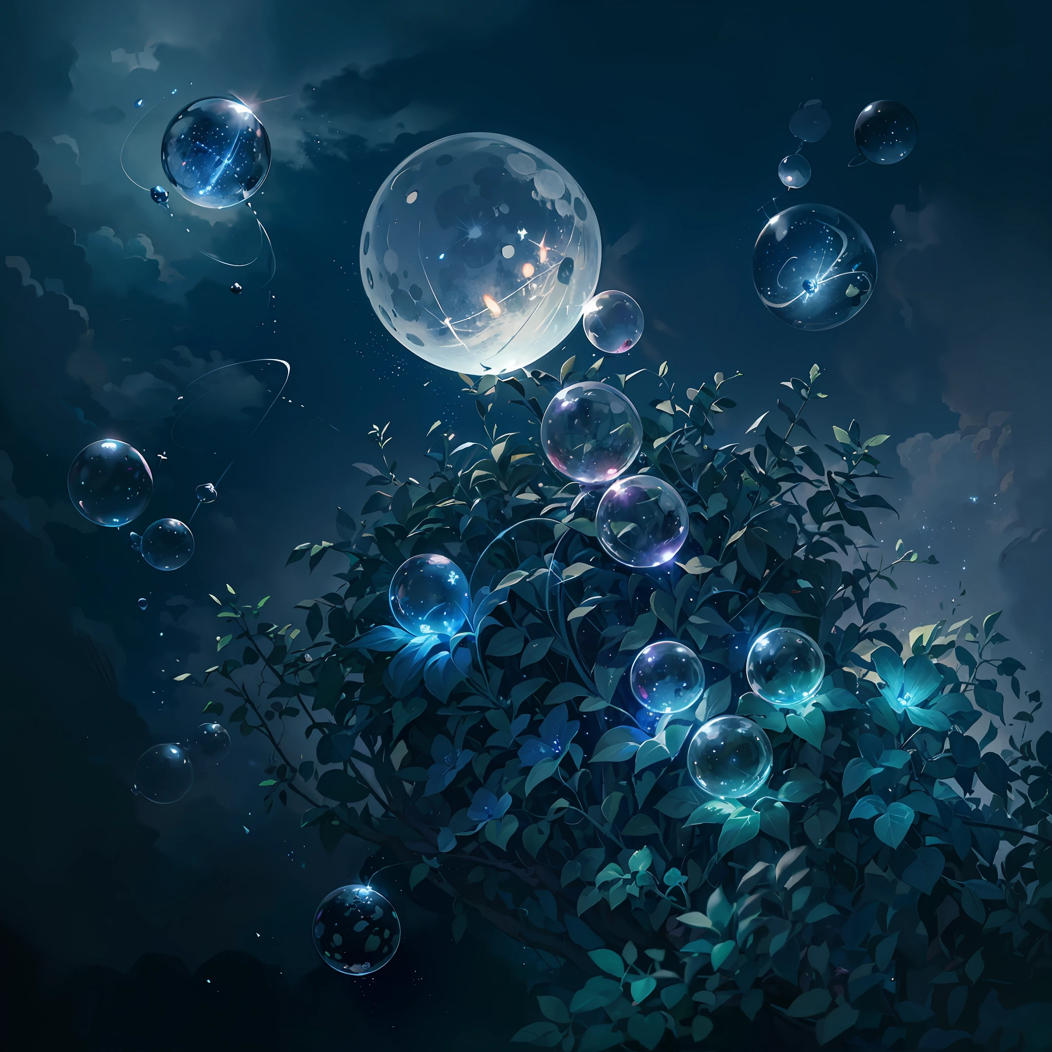 Computer, Extensive landscape ultrasound photography soap bubbles, full moon, night sky (general view showing soap bubbles),moon reflected inside soap bubble, meteor shower, (ultradetailed), full moon, (detailed), moon, glass (detailed), night night, moon reflection, (1:3), fireflies (1:3), BREAK production art, (cold light source:1.2), (Firefly:1.2), purple, fire particles, colors, complex details, volumetric lighting, realistic fantasy BREAK (masterpiece: 1.2), (best quality), 4K, ultra detailed, (dynamic composition: 1.4), high detailed, colorful details, (gloomy colors: 1.2), (luminous lighting, atmospheric lighting), gloomy, dark, magical --auto --s2