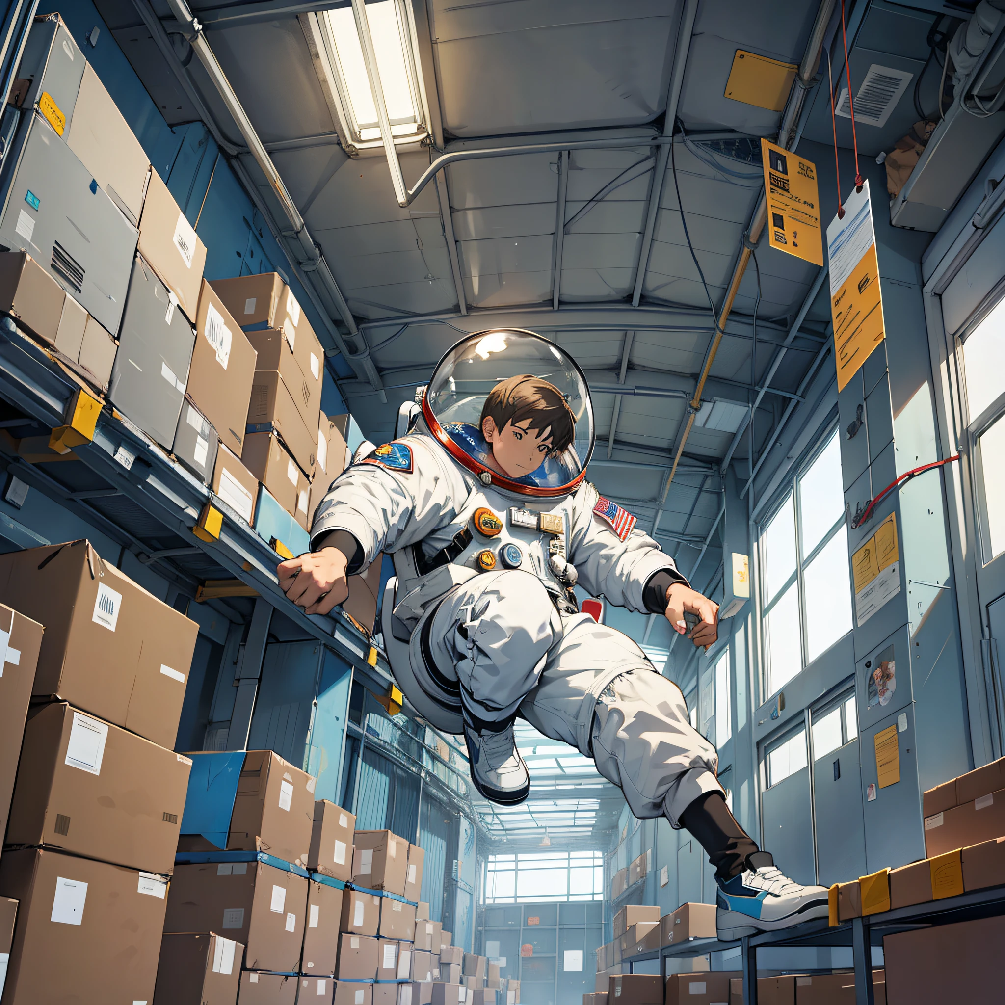 an astronaut floating in gravity, inside a logistic center wrapped in a medicine box, illustrations from a picture book, medicine flying around him --auto --s2