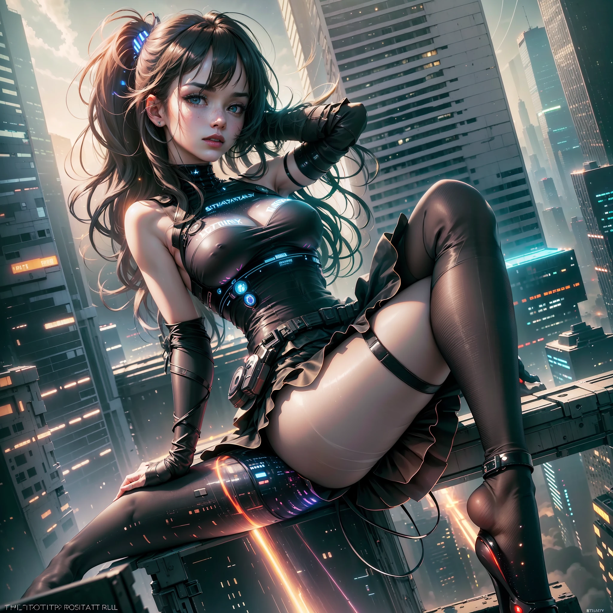 Best quality,masterpiece,ultra high res(photorealistic:1.4)(starrysky1.3),1girlshiny skin,(straddling:1.2),on the rooftop,(the city cyberpunk background:1.1)bule shirt pleatedskirt(black pantyhose:1.2),full body,feetintricate details,Edge
light,dramatic angle,(dynamic pose:1.2)depth of field(side viewer:1.2), --auto --s2